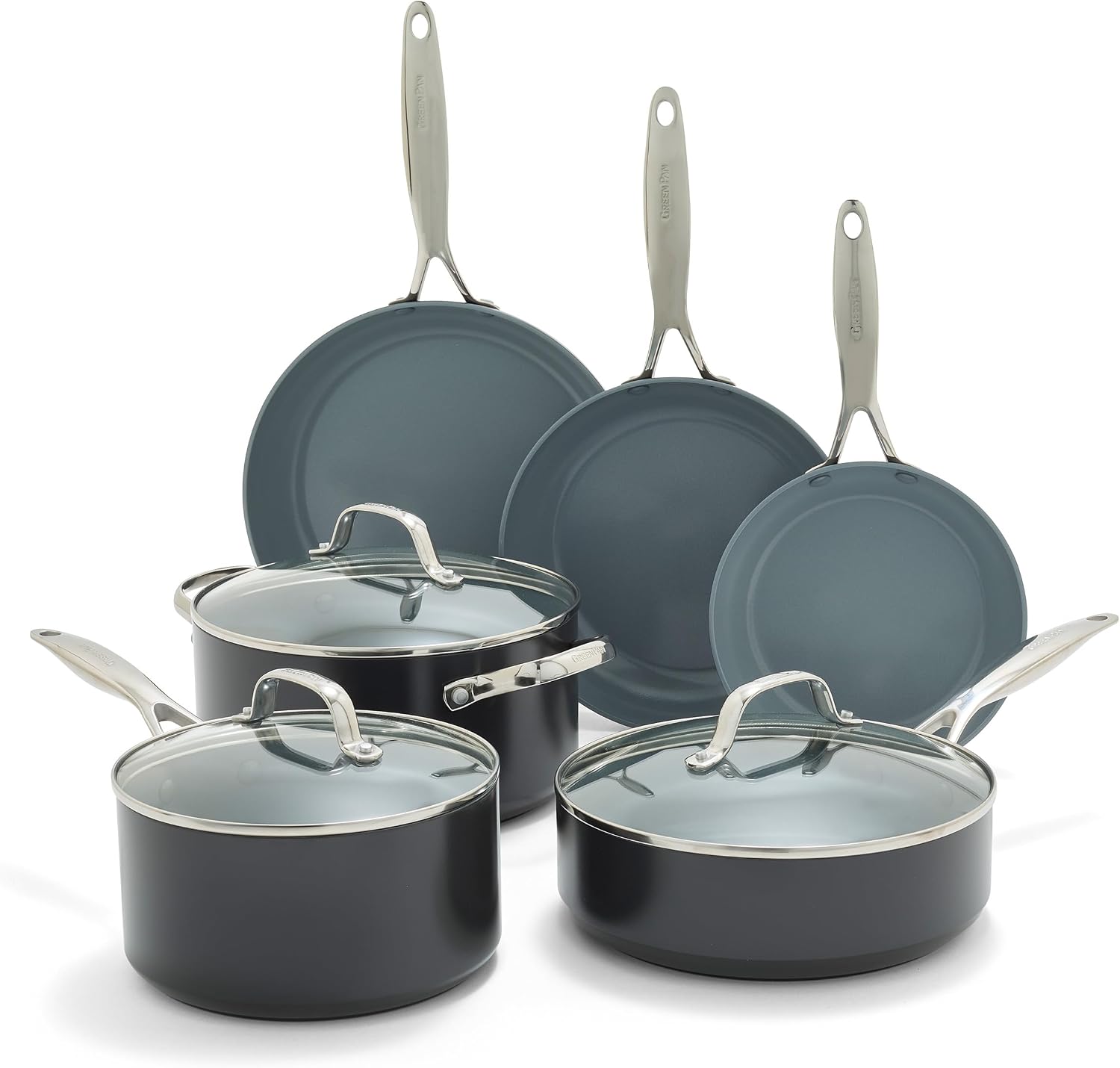 GreenPan Valencia Pro 9 Piece Ceramic Nonstick Cookware Set, PFAS-Free, Induction Ready, Hard Anodized Pots & Pans with Lids, Compatible on All Cooktops, Dishwasher & Oven Safe, Gray