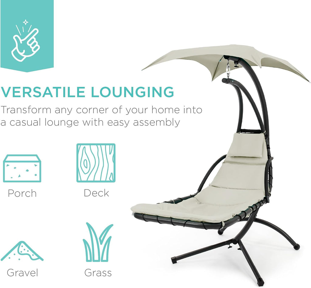 Best Choice Products Outdoor Hanging Curved Steel Chaise Lounge Chair Swing w/Built-in Pillow and Removable Canopy - Ivory