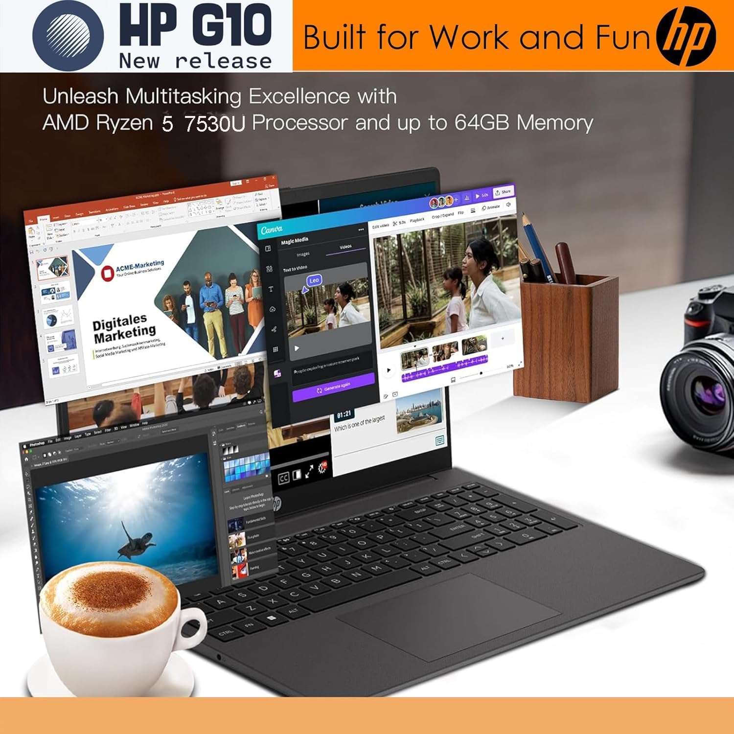 HP 255 G10 Laptop for Home or Work – Speed 6-Core Ryzen 5 (Up to 4.5 GHz), 16GB RAM, 256GB SSD, 15.6' Full HD, Windows 11 Pro, Wi-Fi 6, USB-C, WOWPC Recovery USB – Business and Fun Ready