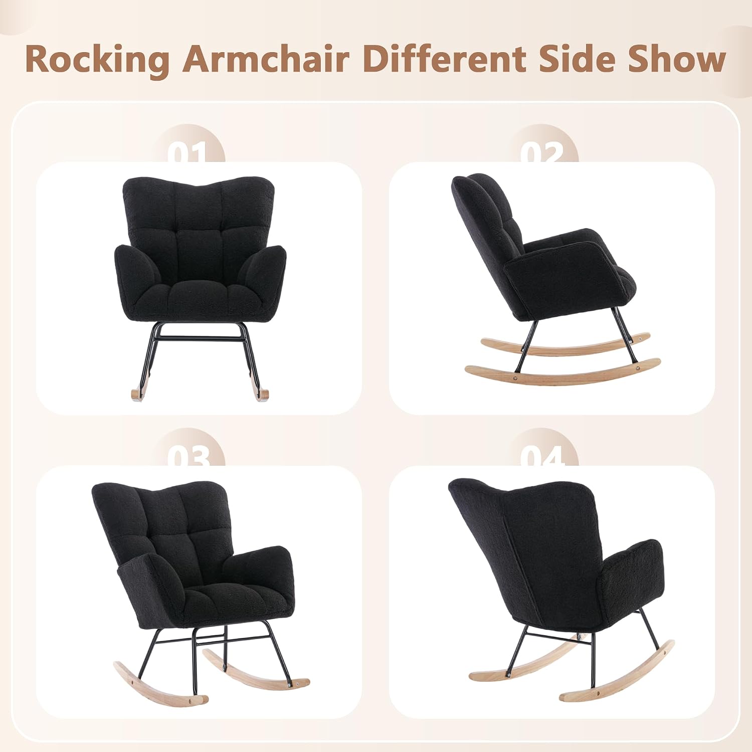 Setawix Teddy Fabric Rocking Accent Chair,Mid Century Modern Rocking Glider Armchair,Leisure Tufted Rocker Arm Chair for Nursery,Bedroom,Living Room (Teddy Black, 27.6')