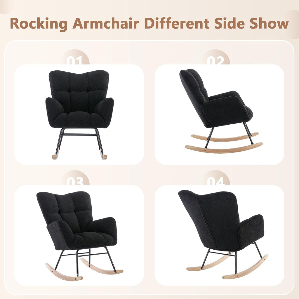 Setawix Teddy Fabric Rocking Accent Chair,Mid Century Modern Rocking Glider Armchair,Leisure Tufted Rocker Arm Chair for Nursery,Bedroom,Living Room (Teddy Black, 27.6')