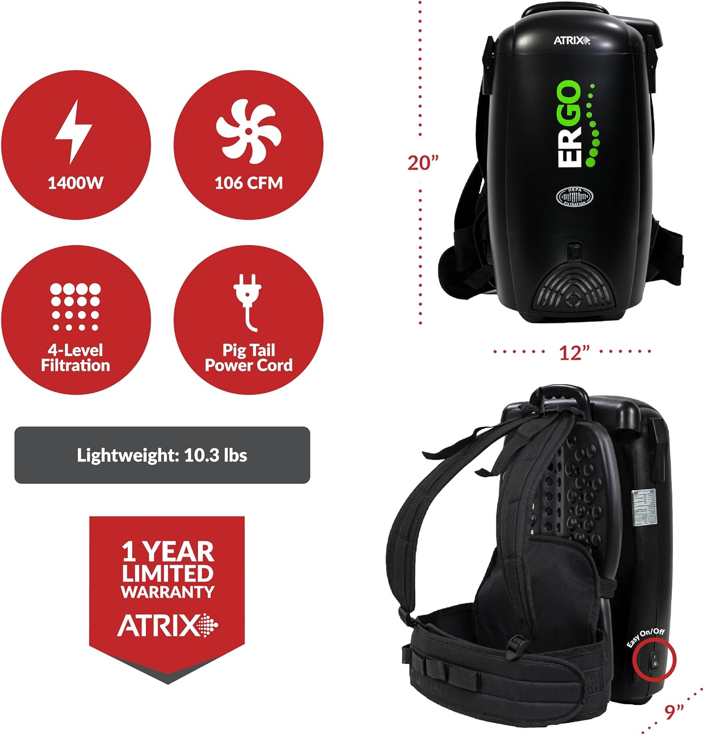 Atrix Ergo Backpack Canister Vacuum, Portable Cleaner with Attachments for Professional and Residential Use, VACBP1 Standard Bundle
