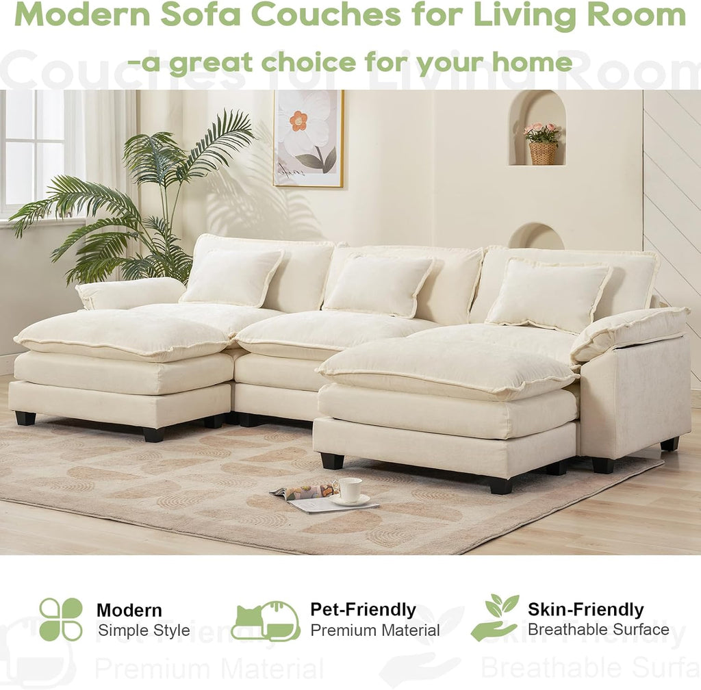 Oprisen 120' Modular Sectional Sofa, Comfy Cloud Couch Sectional Sofa with Ottoman, Chenille Sofa Sleeper Deep Seat Sofa with Throw Pillows for Living Room (Beige White, 120'- U Shape)