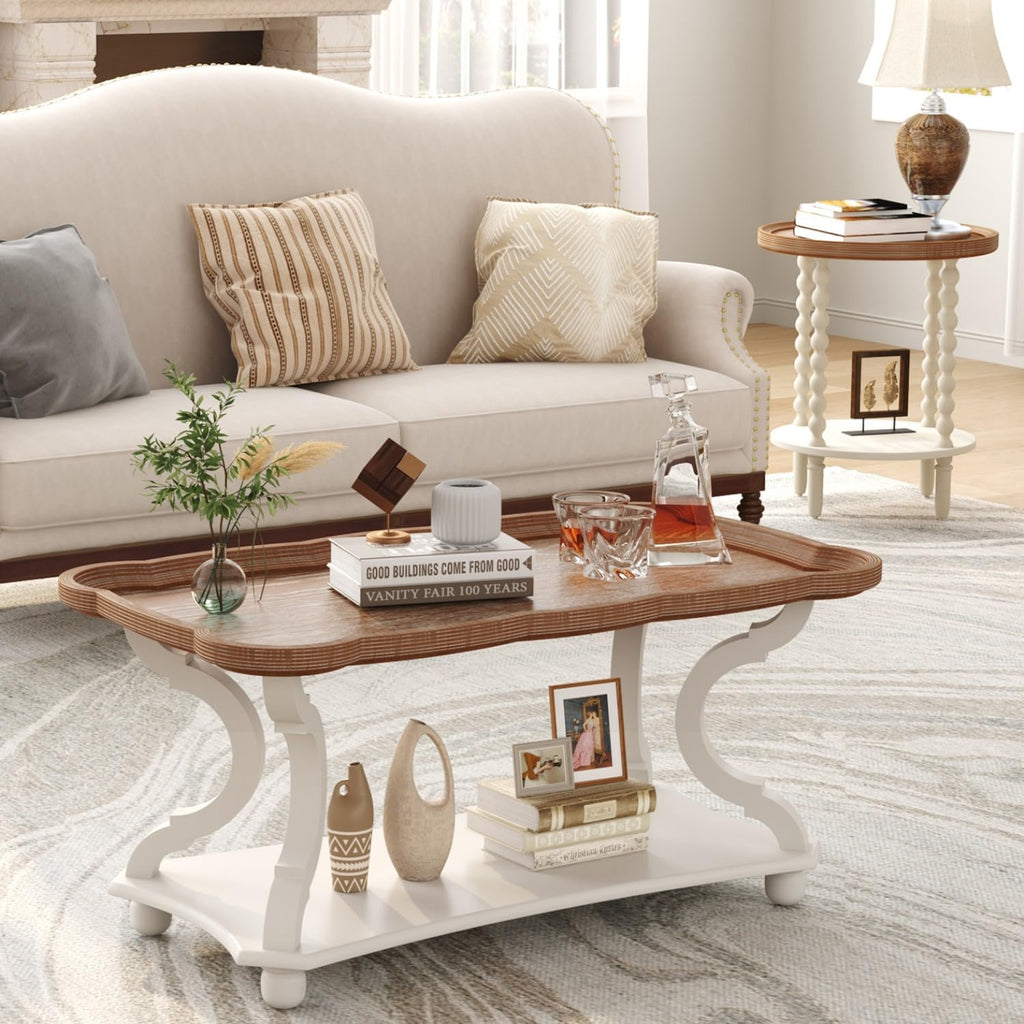 Function Home Farmhouse Coffee Table, 2-Tier Center Table with Storage Shelf, 39.8' French Country Rectangle Accent Table with Natural Tray Top and Curved Legs for Living Room Balcony, Vintage White