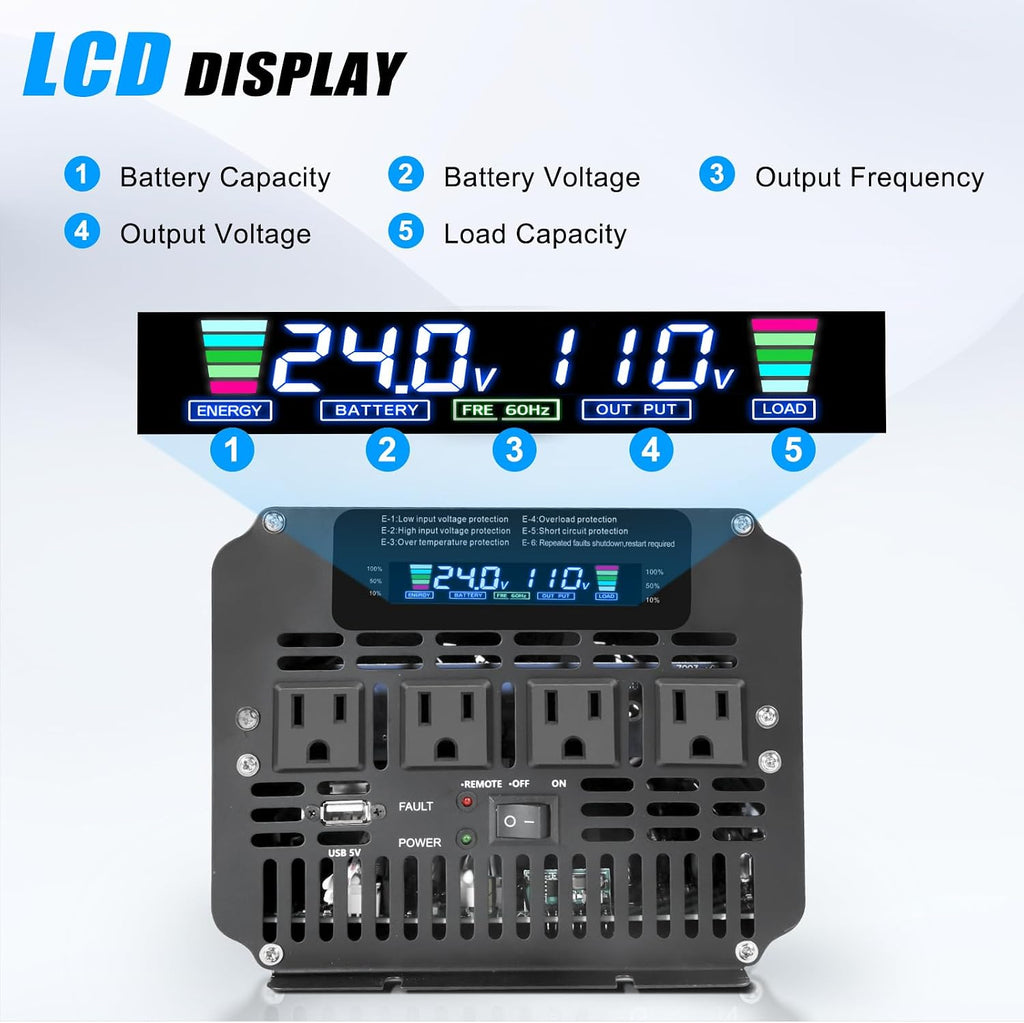 LVYUAN 3000 Watt Power Inverter 24V to 110V 120V DC to AC with 4 AC Outlets, LCD Display, USB Port & Remote Control for Home, RV, Vehicle, Truck, Off-Grid Solar System, Heavy Duty Outdoor Camping