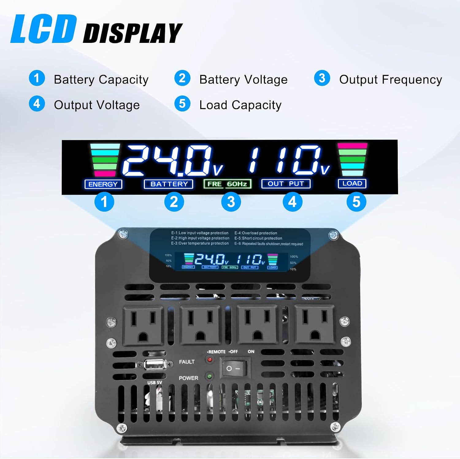 LVYUAN 3000 Watt Power Inverter 24V to 110V 120V DC to AC with 4 AC Outlets, LCD Display, USB Port & Remote Control for Home, RV, Vehicle, Truck, Off-Grid Solar System, Heavy Duty Outdoor Camping