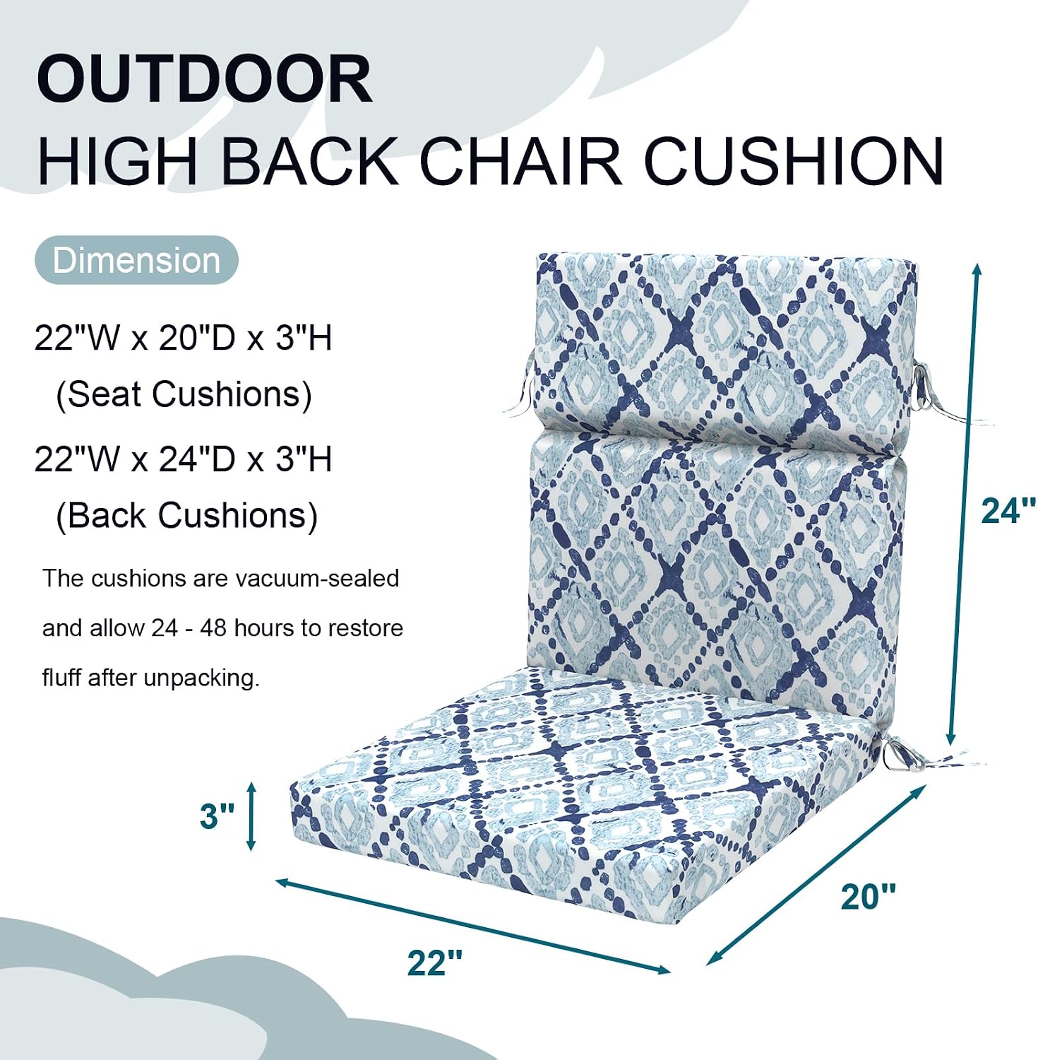 DYTXIII Outdoor High Back Chair Cushions Set of 2, 44'x22' Water Repellent Patio Seat Cushions with Elastic Sponge, All Weather Chair Pads for Rocking, Dining Chairs,Patio Furniture - Geometry Blue