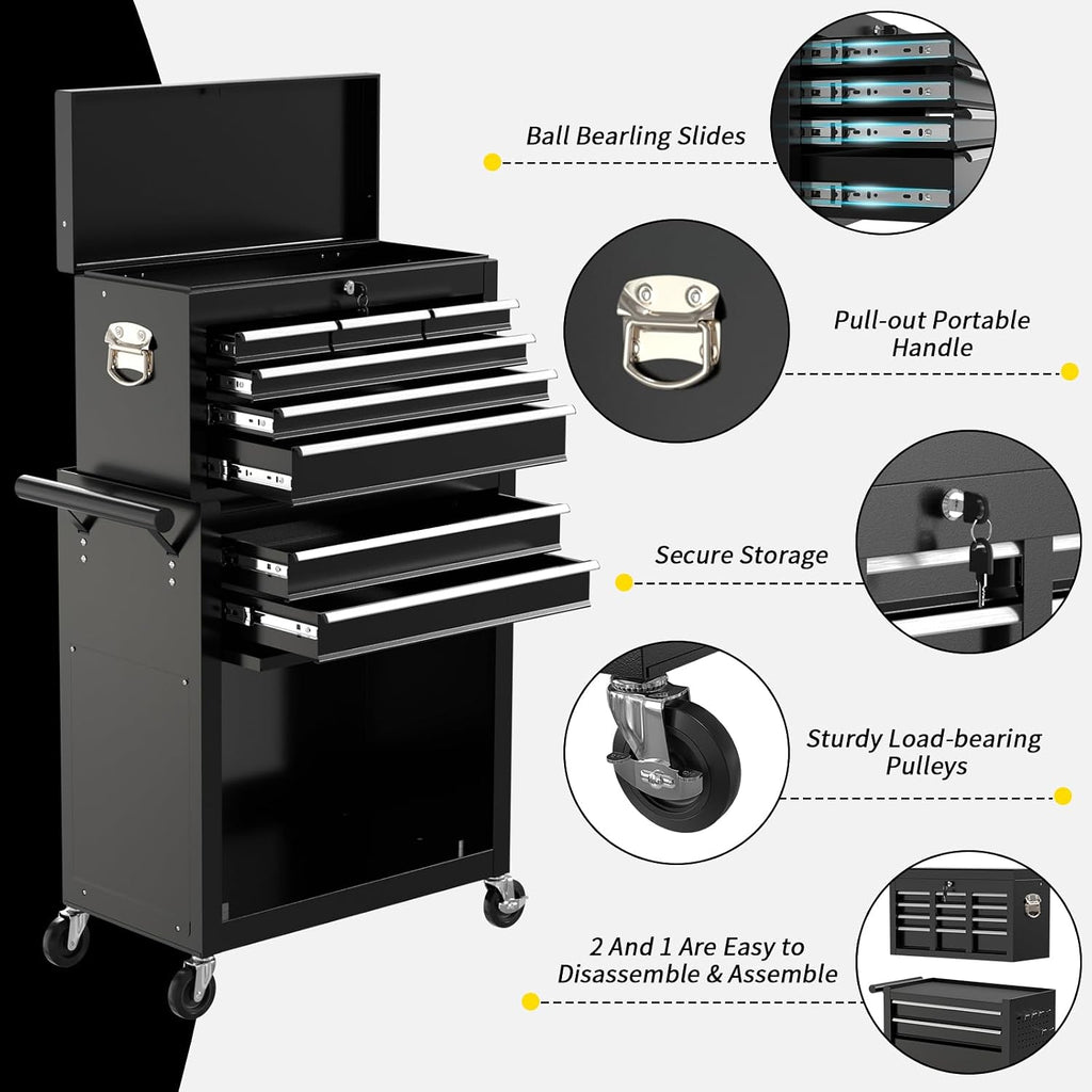 On Shine 8 Drawer Rolling Tool Chest, Large Capacity Rolling Tool Box with Wheels, Locking Mechanical Tool Chest, Portable Tool Box with Sliding Drawers for Garage Workshop and Tool Room (Black)