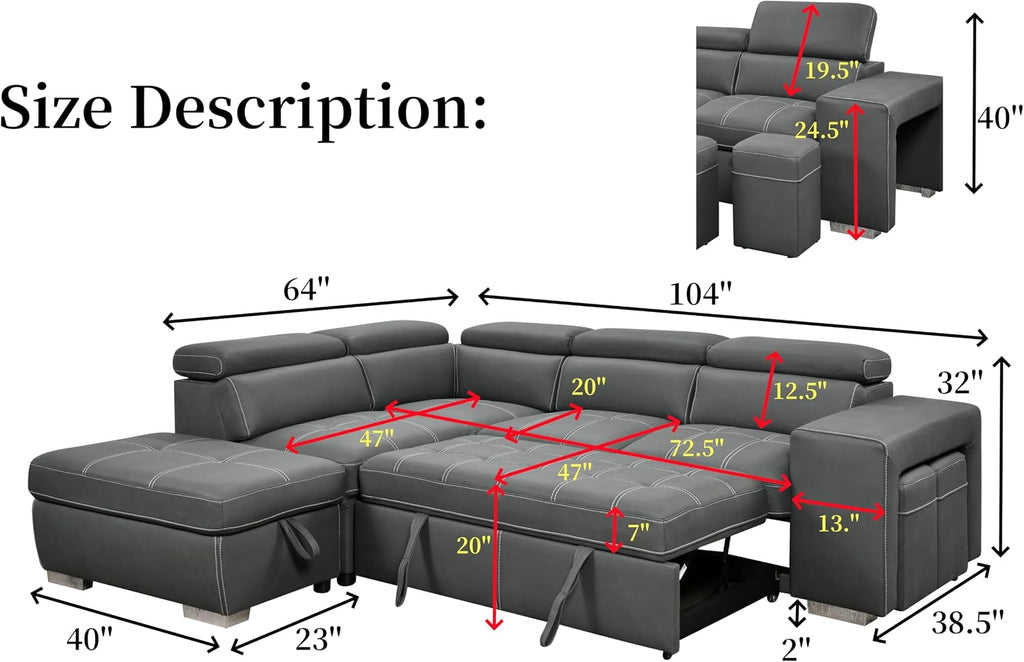 THSUPER 104'' Microfiber L Shaped Sectional Sleeper Sofa Couch with Pull Out Bed and Storage Ottoman, Convertible Couches with Adjustable Headrest for Living Room, Left Facing Chaise. Charcoal Grey