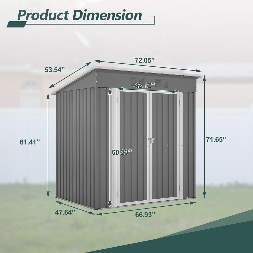 KEIKI Storage Shed 6x4 FT, Small Metal Tool Shed for Outdoor Storage, Galvanized Steel Garden Shed with Floor & Lockable Doors for Patio, Backyard, Lawn, Grey