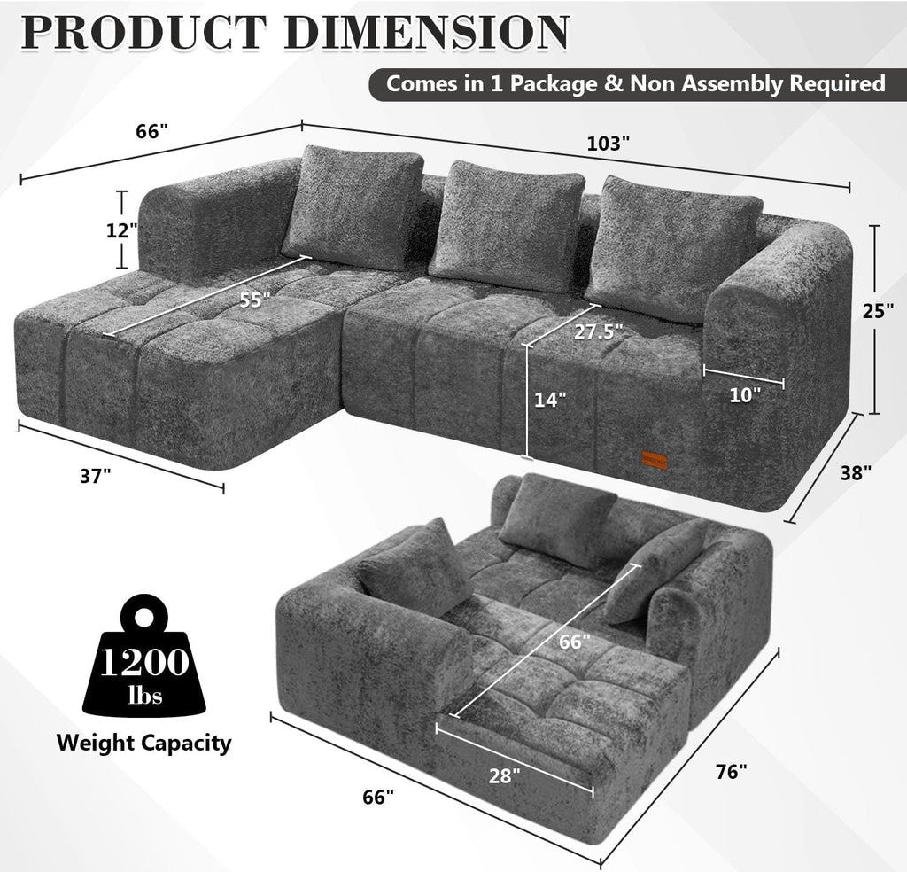 HABUTWAY 103' L-Shaped Modular Sectional Sofa, No Assembly Required Deep Seat Couch with 3 Pillows, Soft Fabric Upholstered, Modern Chaise Lounge for Living Room, Bedroom, Grey