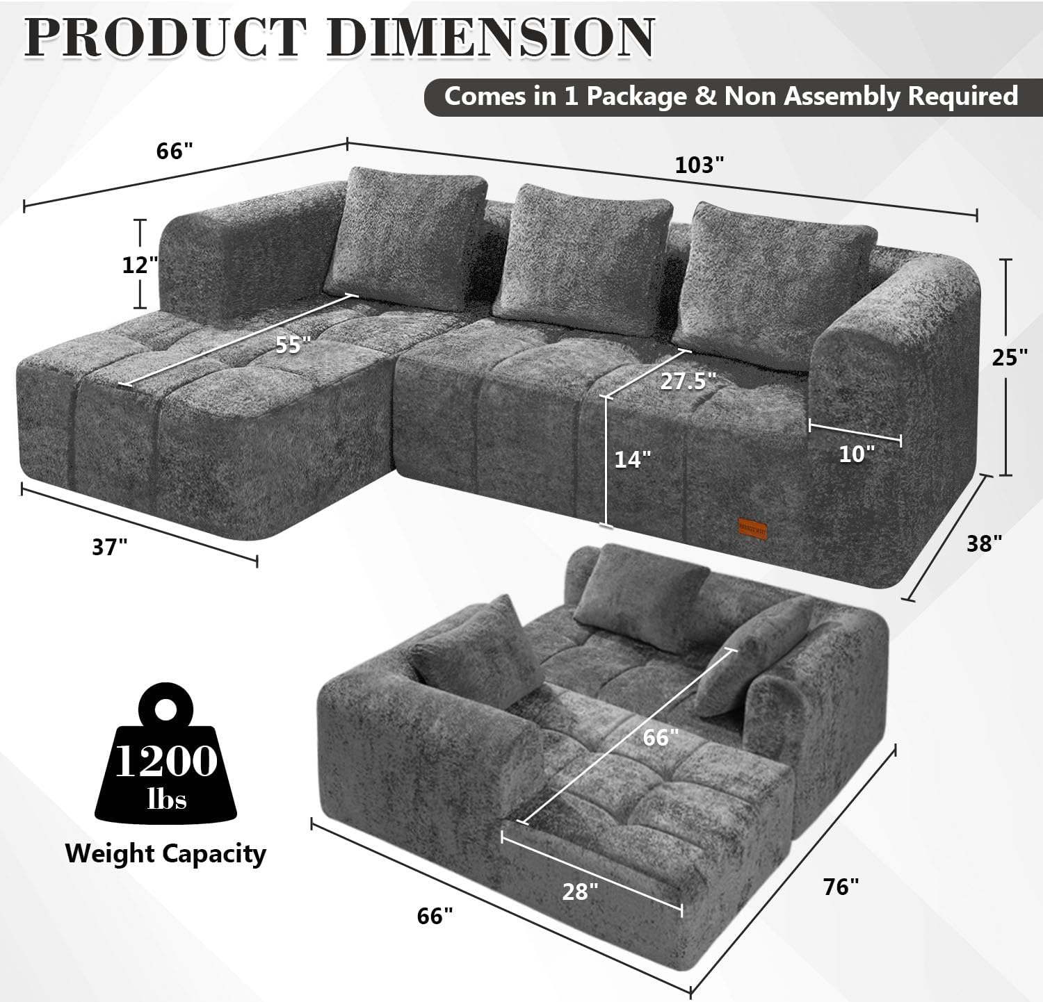 HABUTWAY 103' L-Shaped Modular Sectional Sofa, No Assembly Required Deep Seat Couch with 3 Pillows, Soft Fabric Upholstered, Modern Chaise Lounge for Living Room, Bedroom, Grey