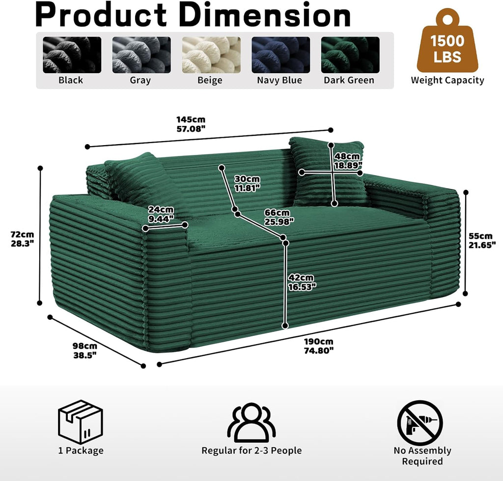 3 Seater Sofa Couch for Living Room (Green, 38' D + 2 Pillows)