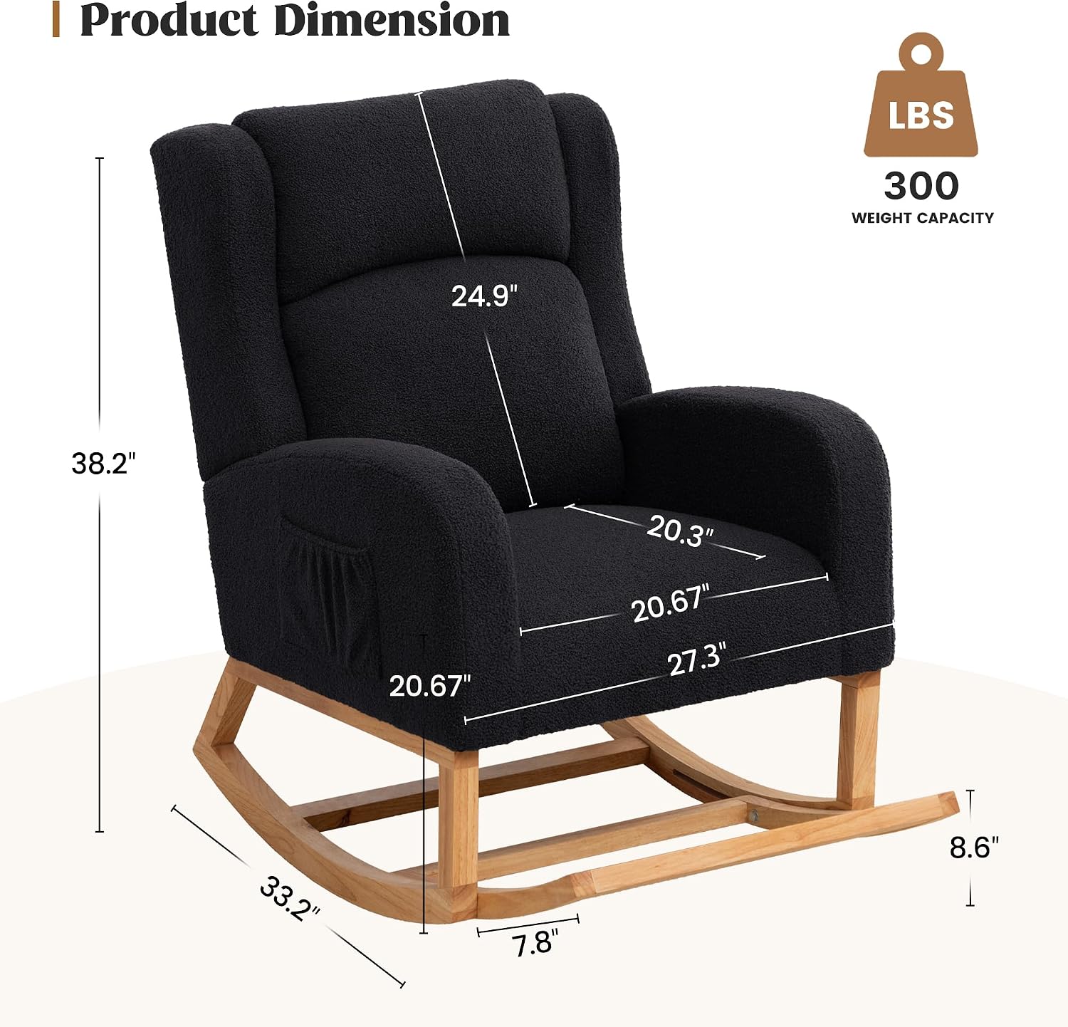 HCHAIRH Rocking Chair Nursery, Nursing Rocking Chairs for Mom Nursery, Comfy Wingback Glider Rocking Armchair with Foot Rest and Side Pocket for Nursery Living Room Bedroom, Teddy Black
