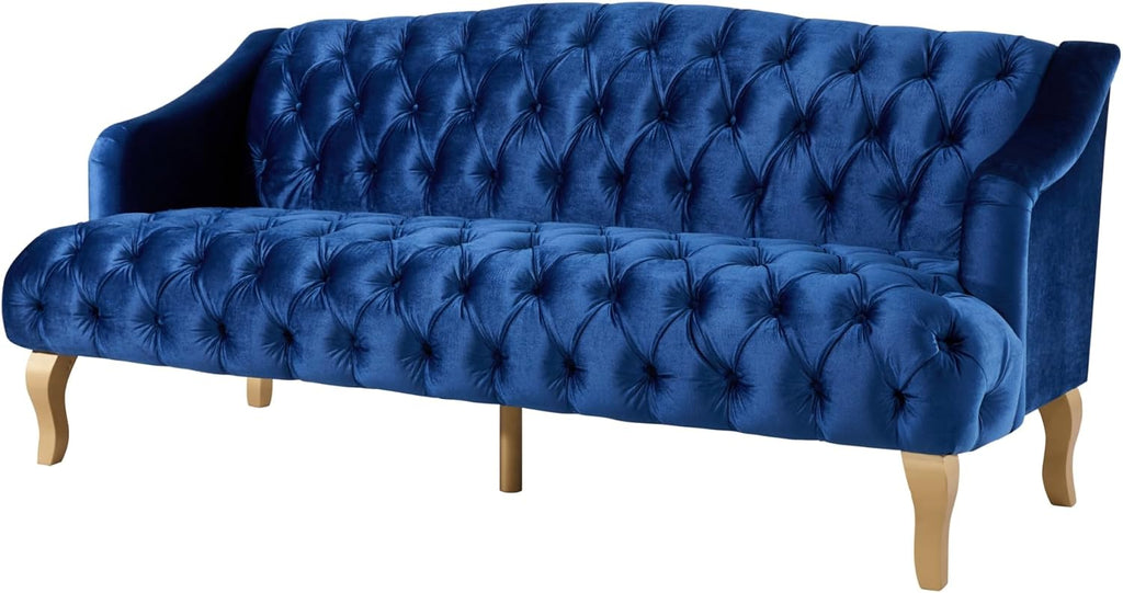 Wine Red Modern Velvet Loveseat Sofa Couch, 73' Mid - Century Tufted Upholstered Small Love Seat Couch, Curved High Back 3-Seats Couches for Compact Space, Living Room, Apartment (Dark Blue)