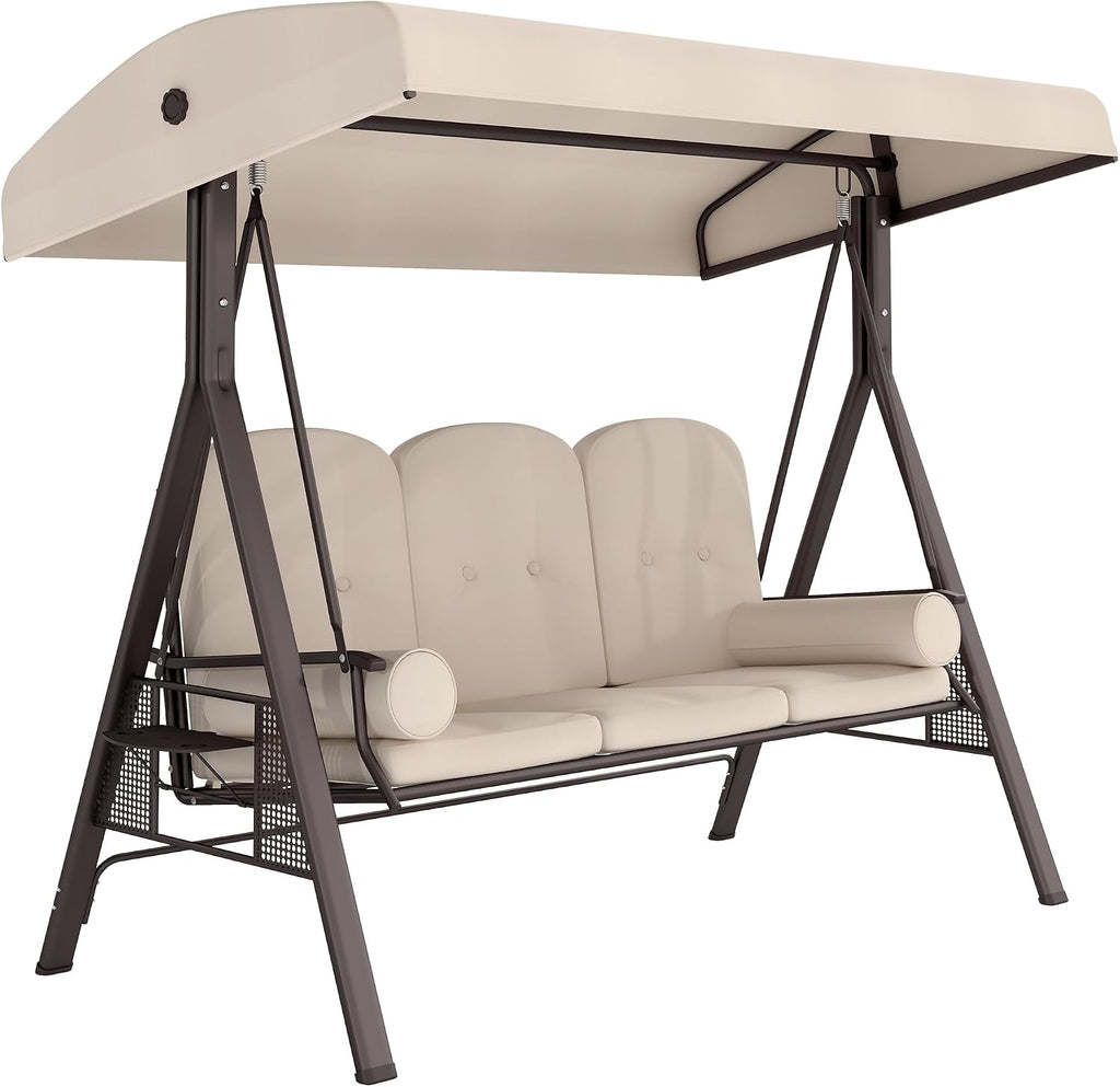 Outsunny 3-Seat Patio Swing Chair, Outdoor Porch Swing Glider with Adjustable Canopy, Removable Cushion, Pillows and Side Trays, for Garden, Poolside, Backyard, Beige