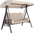 Outsunny 3-Seat Patio Swing Chair, Outdoor Porch Swing Glider with Adjustable Canopy, Removable Cushion, Pillows and Side Trays, for Garden, Poolside, Backyard, Beige