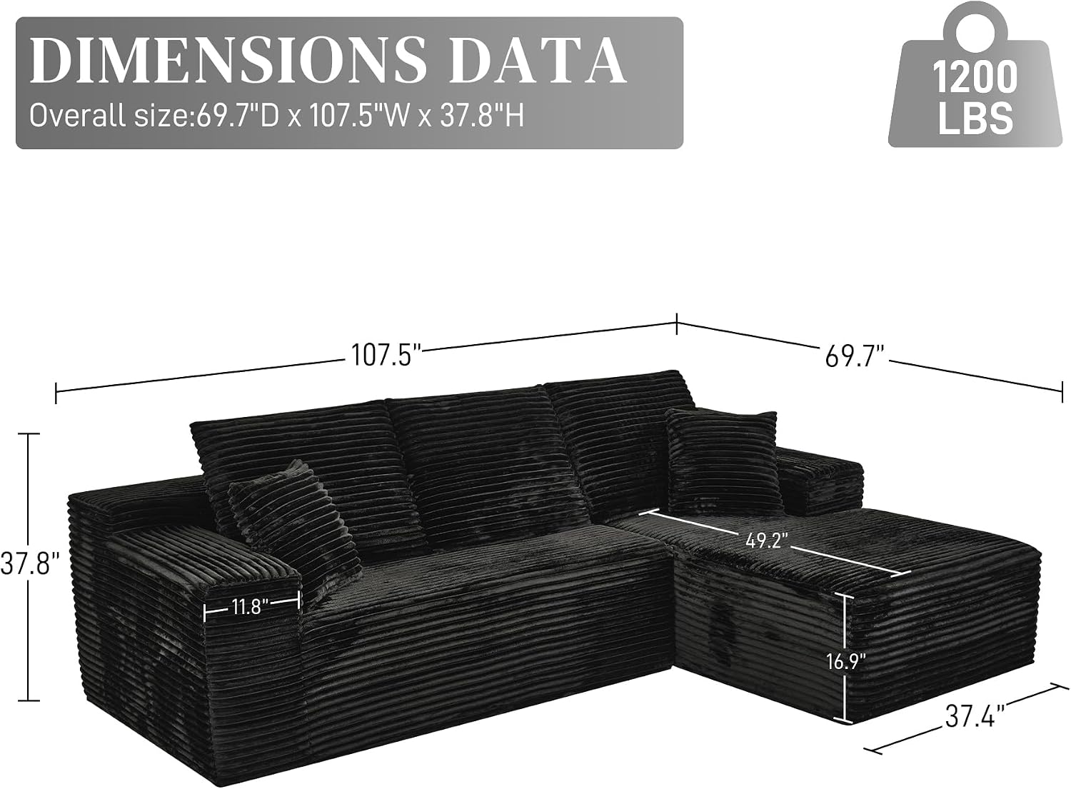 108' Boneless Couches for Living Room, L Shaped Comfy Cloud Modular Sectional Memory Foam Deep Seat Boneless Couch, No Assembly Required Boneless Sofa for Living Room with Right Facing Chaise, Black