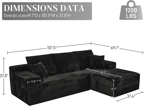 108' Boneless Couches for Living Room, L Shaped Comfy Cloud Modular Sectional Memory Foam Deep Seat Boneless Couch, No Assembly Required Boneless Sofa for Living Room with Right Facing Chaise, Black