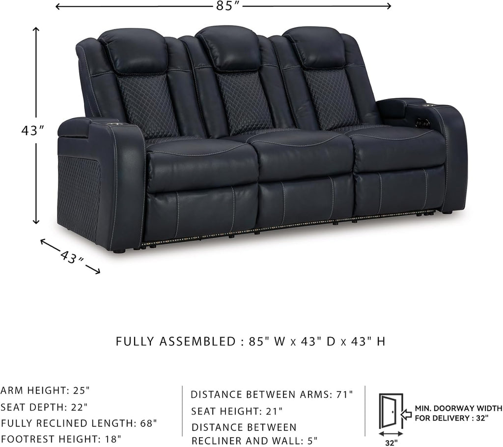 Signature Design by Ashley Fyne-Dyme Power Reclining Sofa with USB Ports and Adjustable Headrest, Drop Down Table, Faux Leather, 21' Seat Height, Blue
