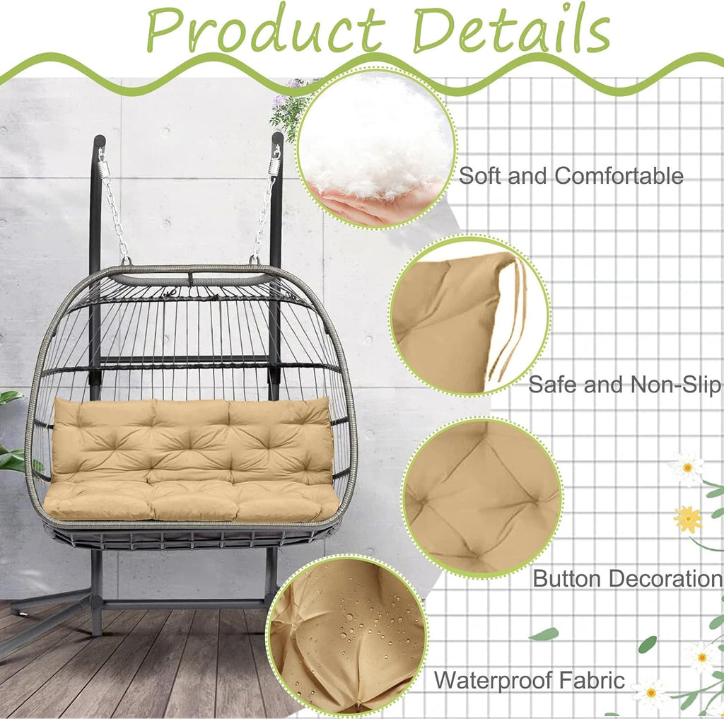 Waterproof Porch Swing Cushion Replacement, Thick 4' 2–3 Seat Outdoor Swing Seat Cushion with Backrest & Ties for Patio, Garden & Porch(Beige 40 * 60 in)