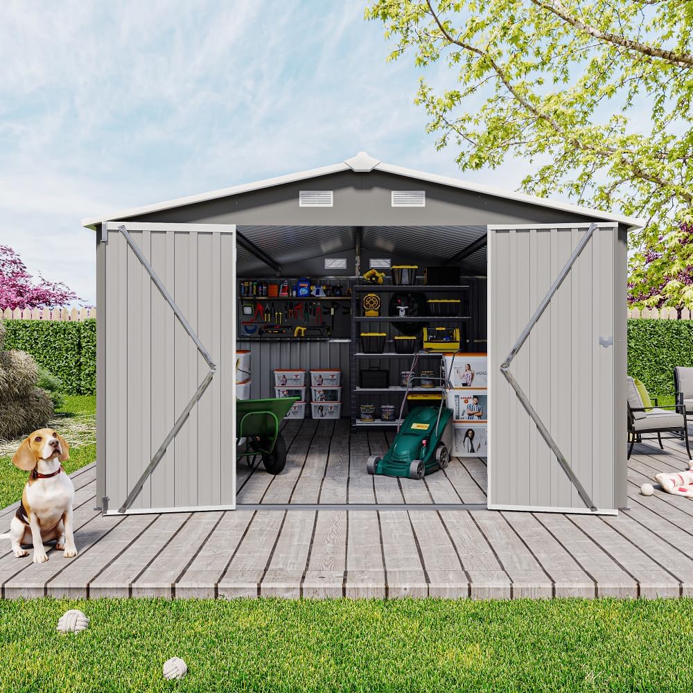 10x14FT Metal Garden Shed - Lockable Outdoor Storage Shed, Heavy-Duty Storage Sheds for Backyard Patio, Sheds & Outdoor Storage (Light Gray)