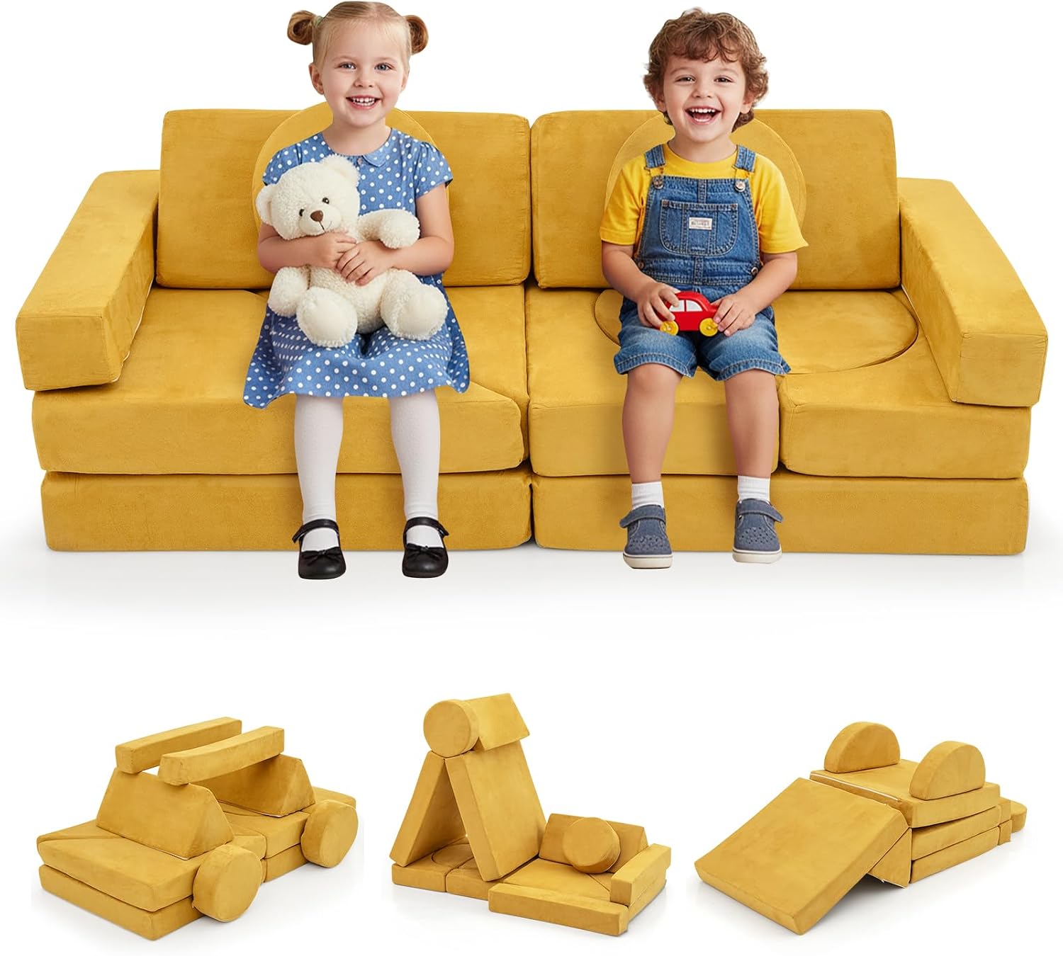 Costzon 14 PCS Modular Kids Play Couch, Child Sectional Sofa, Versatile Toddler Soft Building Blocks Sofa Playset for Playroom Bedroom, Convertible Foam and Floor Cushion for Boys Girls Gifts (Yellow)