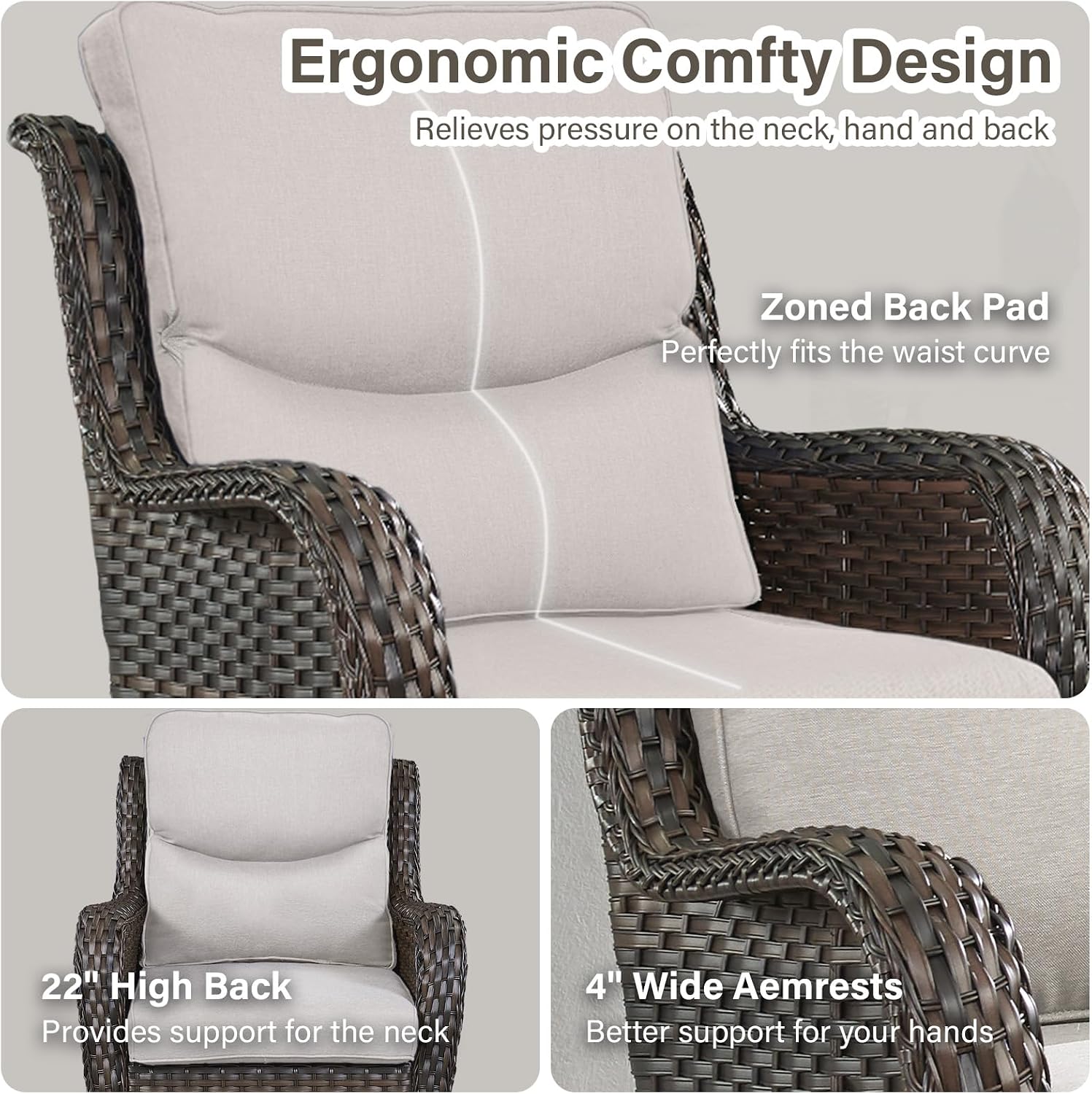 Outdoor Swivel Rocker Patio Chairs with 5' Thick Cushion - 3 Piece Wicker Bistro Set with Side Table, High Back Comfty Outdoor Glider Chairs for Balcony, Porch, Deck, Poolside - Brown/Beige