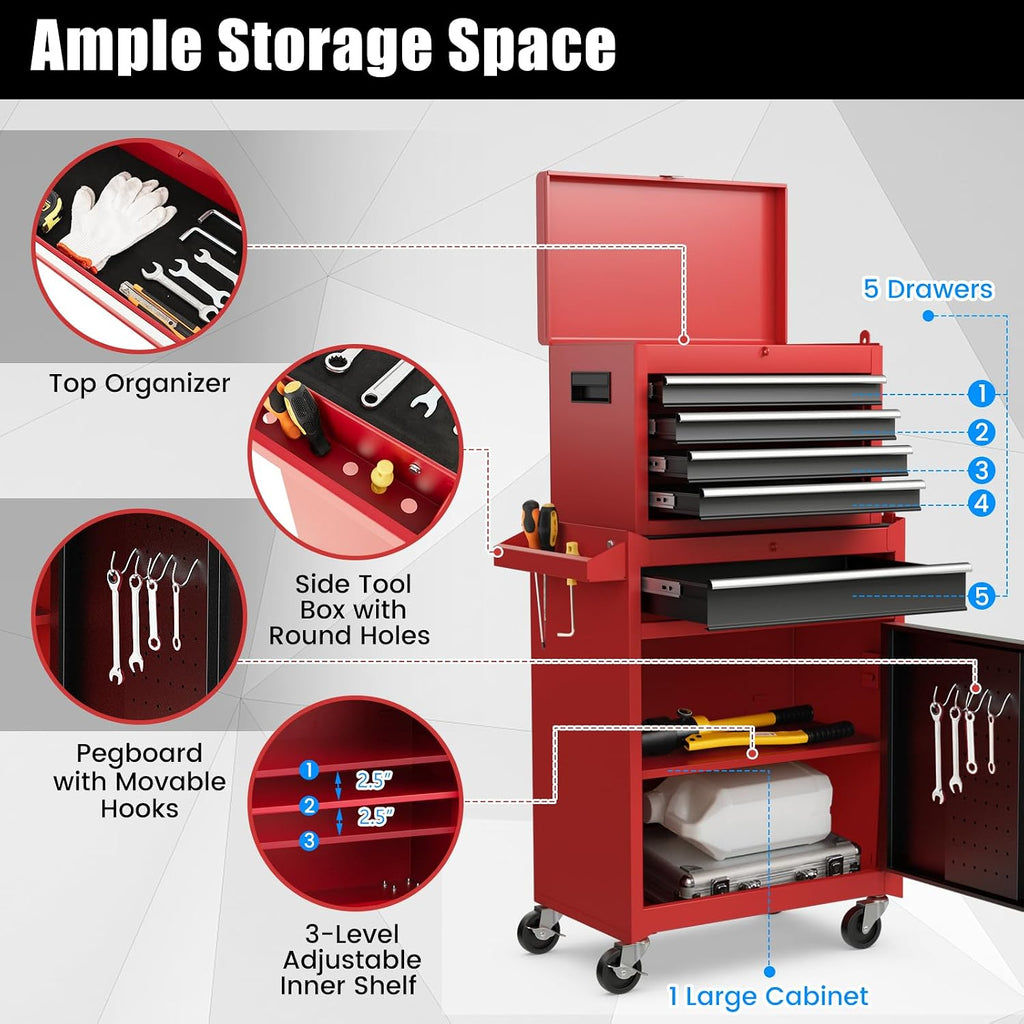 Goplus Tool Chest, 5 Drawers Rolling Tool Cabinet with Detachable Top Toolbox, Universal Lockable Wheels, Lock Bar, Protective Liner & Tool Rack, Metal Tool Storage Cart, Tool Box for Garage Workshop