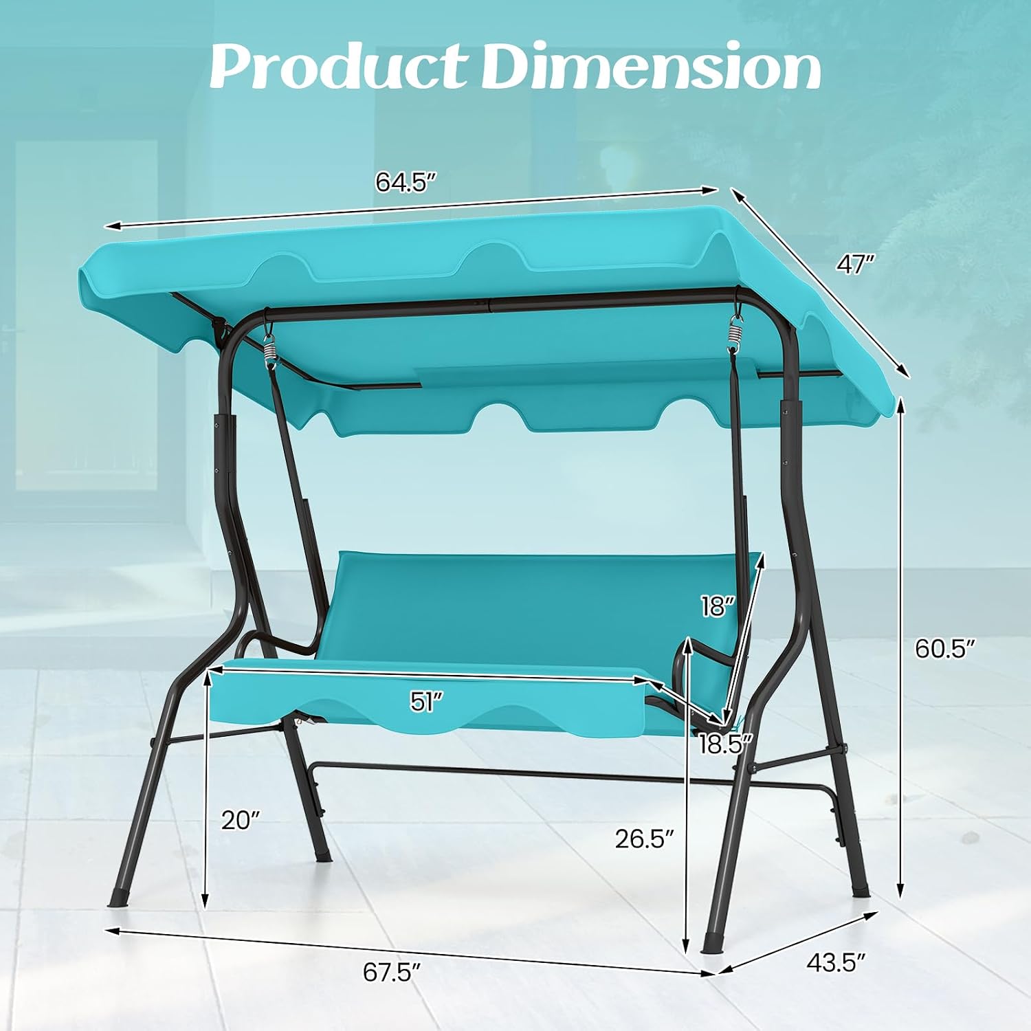 Tangkula 3 Person Porch Swing, Patio with Removable Cushion & Powder-Coated Steel Frame, Outdoor Swing with Canopy for Porch, Backyard, Garden, Balcony (Turquoise)