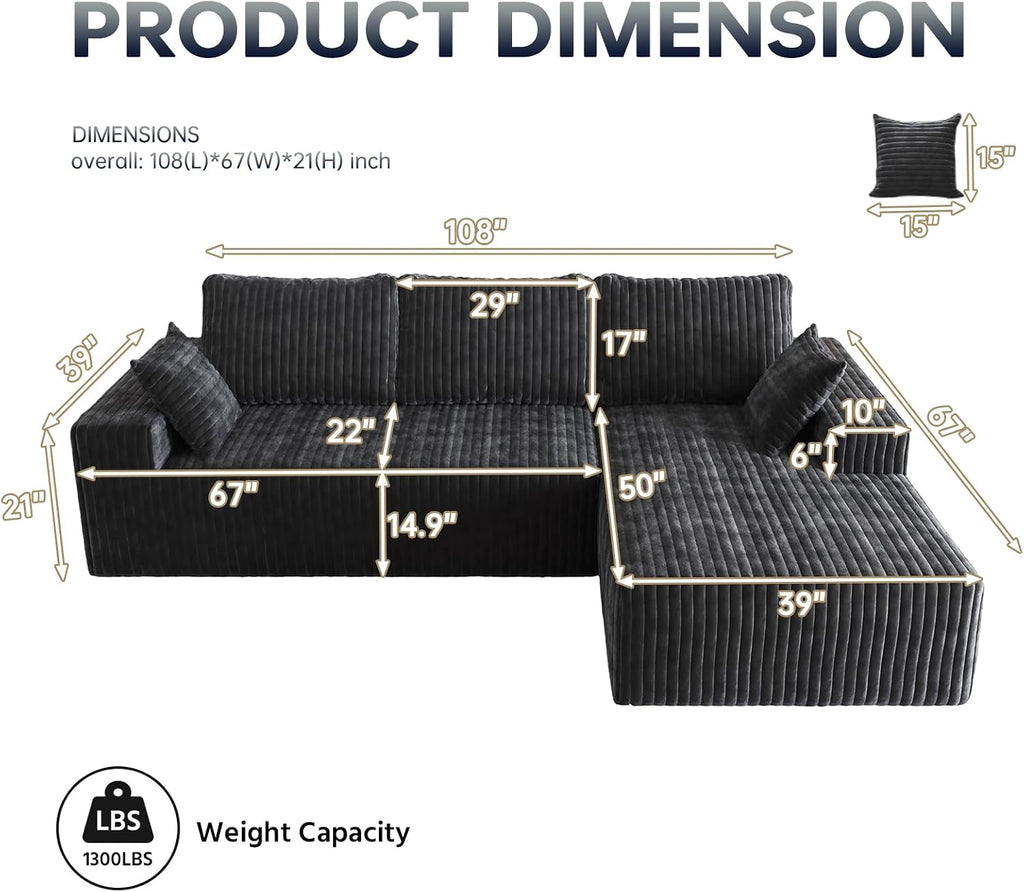 108' Modular Sectional Cloud Couch for Living Room Deep Seat L Shapes Boneless Couch with Oversized Chaise Lounge, Comfy Memory Foam Flannel Fabric Sofa for Bedroom Apartment, No Assembly Required
