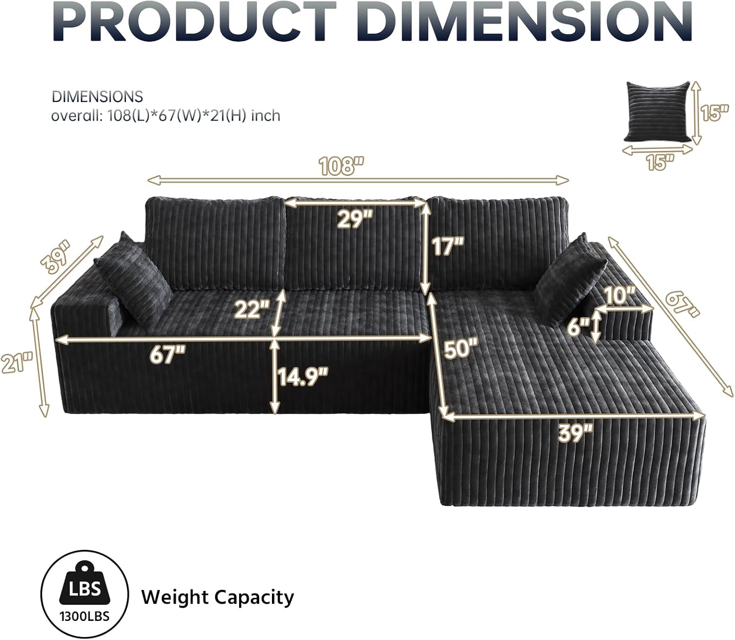 108' Modular Sectional Cloud Couch for Living Room Deep Seat L Shapes Boneless Couch with Oversized Chaise Lounge, Comfy Memory Foam Flannel Fabric Sofa for Bedroom Apartment, No Assembly Required