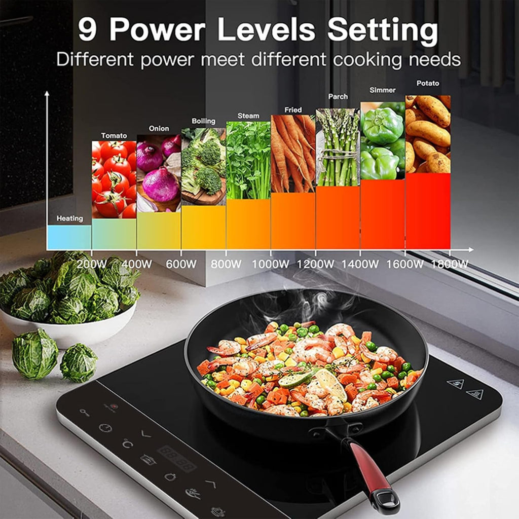 1800W High Power Induction Cooktop 9-Speed Safety Lock Intelligent Touch Control Heating Plate 3H Timer Portable Induction Cooktop