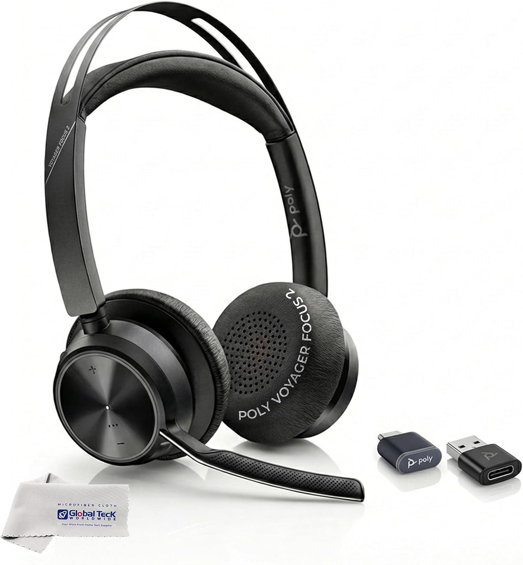 Poly Voyager Focus 2 Bluetooth Headset with Noise Blocking Mic - USB-C/A Dongle Adapters for PC using MS Teams, Zoom - Pairs to Both Cellphone and Laptop - Charging cable, and GTW Microfiber Cloth