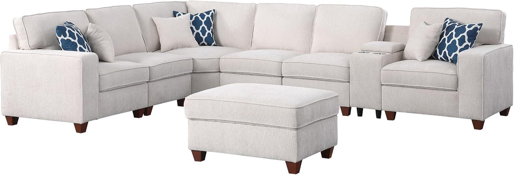 Ball & Cast 127' L-Shaped Sectional Couch with Movable Ottoman&6 Throw Pillow,7 Seat Chenille Upholstered Sofa W/2 Cup Holder,USB Port&Hidden Storage Box,DIY Combination,for Livingroom,Apartment,Beige