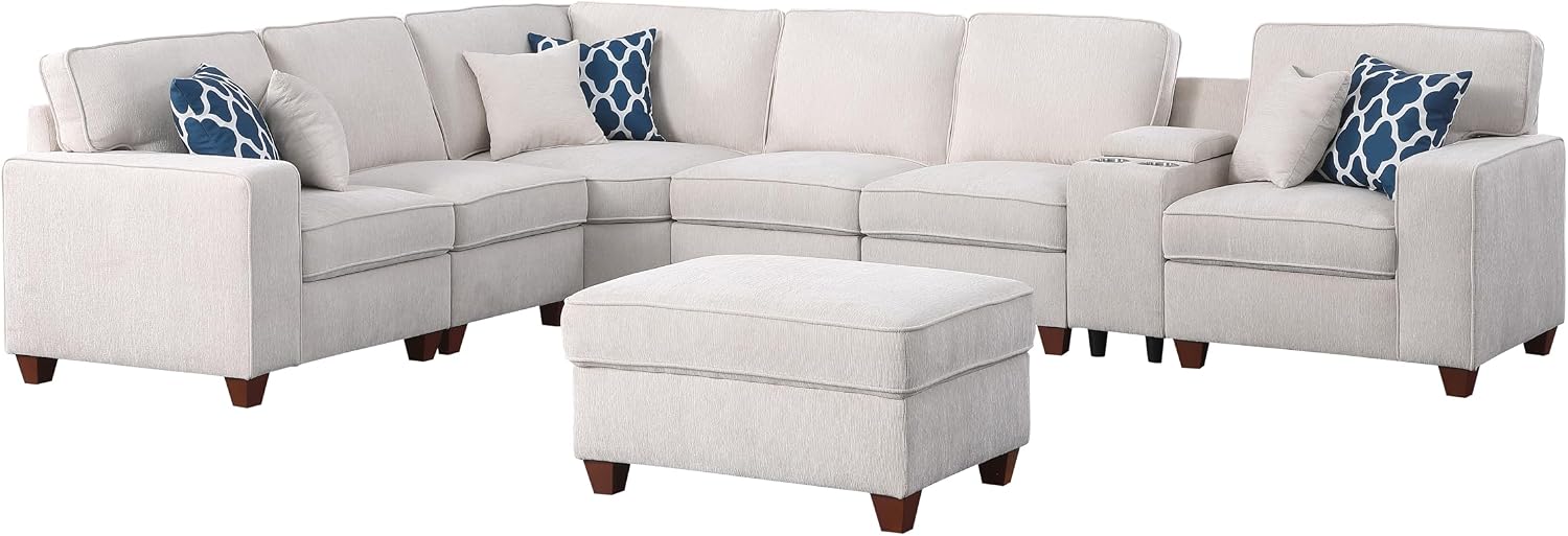 Ball & Cast 127' L-Shaped Sectional Couch with Movable Ottoman&6 Throw Pillow,7 Seat Chenille Upholstered Sofa W/2 Cup Holder,USB Port&Hidden Storage Box,DIY Combination,for Livingroom,Apartment,Beige