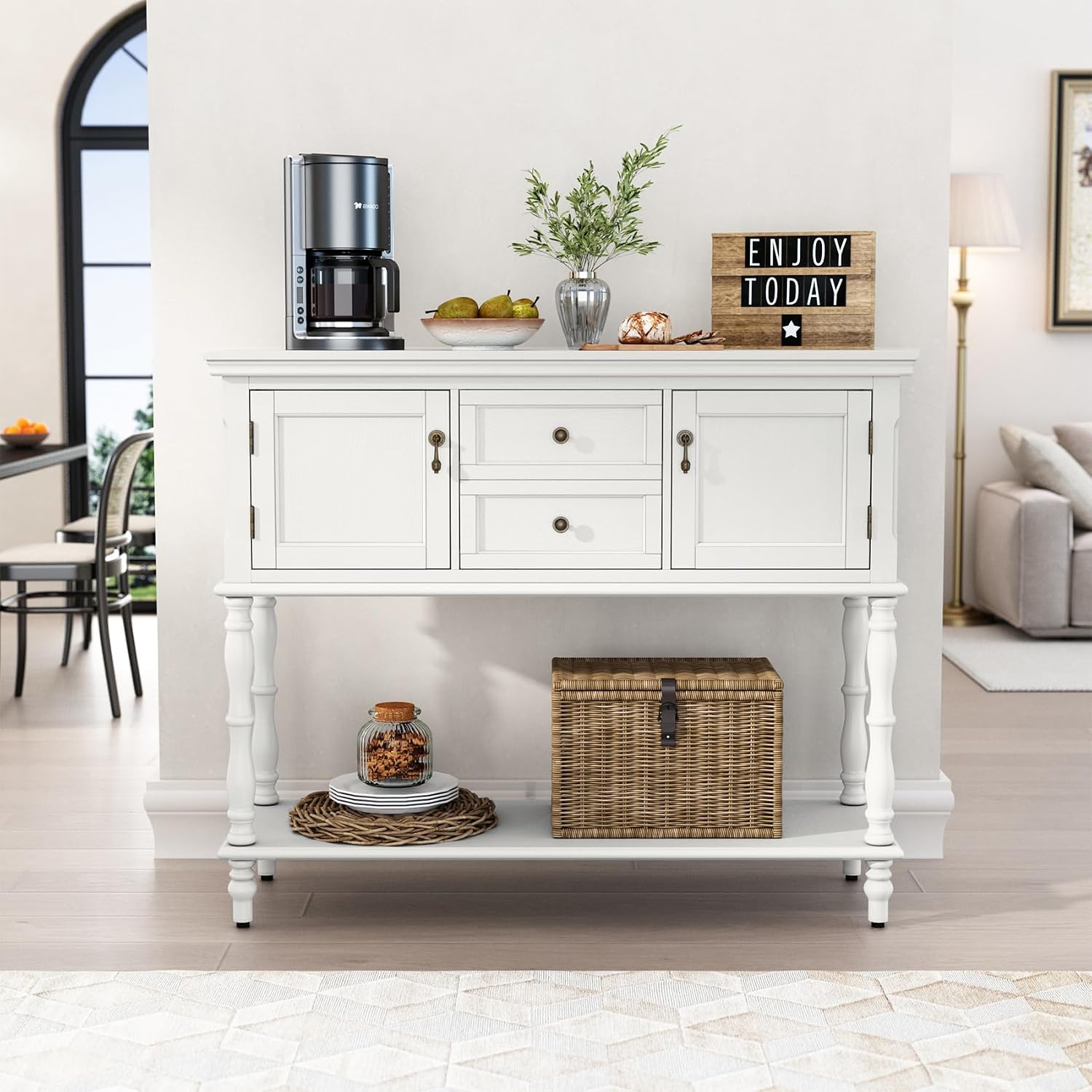 ARTPOWER Console Table with 2 Drawers, Retro Entryway Table with 2 Door Cabinets and Open Storage Shelf, Narrow Long Behind Couch Sofa Table for Living Room, Foyer, Hallway, White