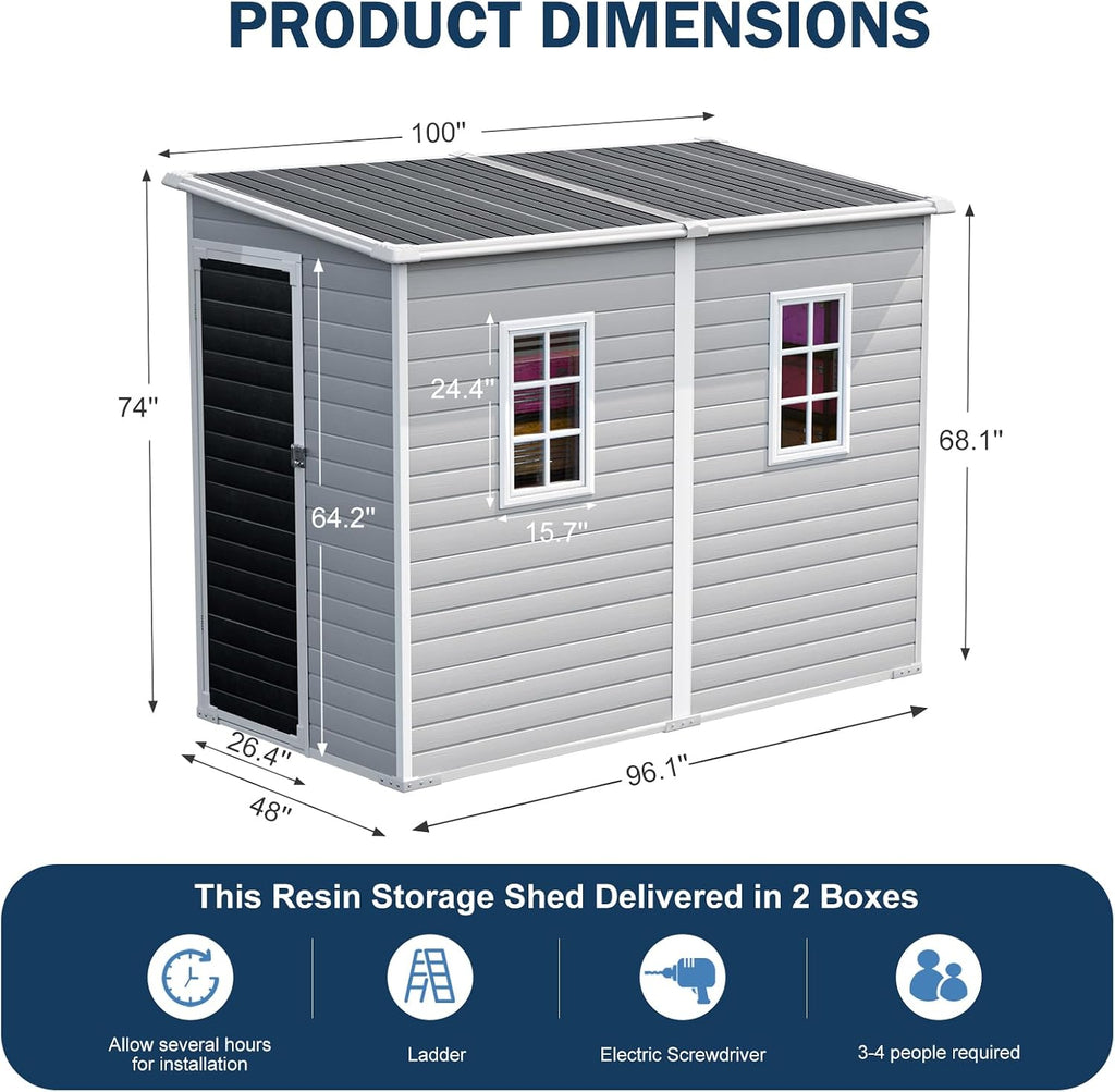 CDCASA 4x8 FT Resin Lean to Shed, Waterproof Outdoor Storage Sheds with Floor Included & Lockable Door & Window, Outside Plastic Tool Shed for Backyard, Patio,Garden, Poolside,Sloped Roof, Grey