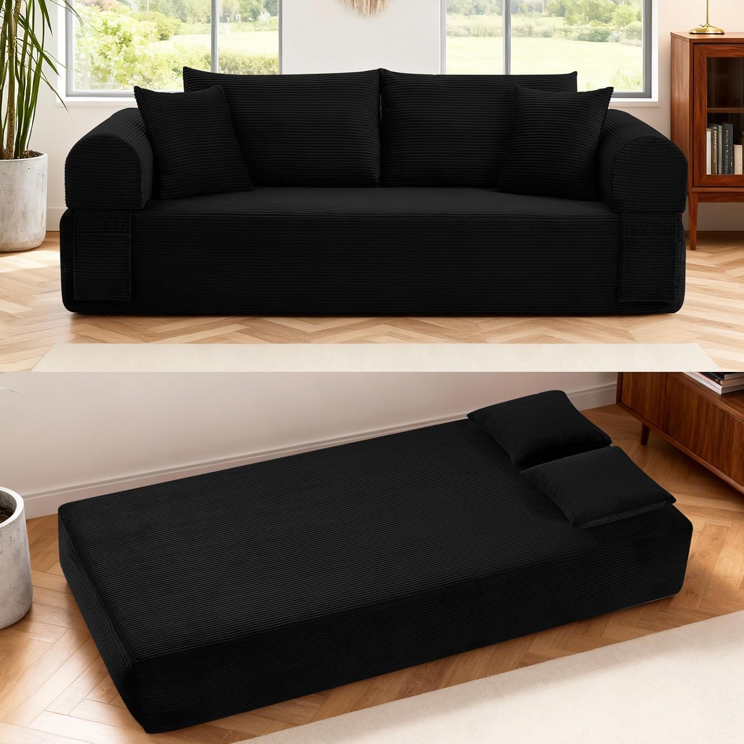 3 Seater Sofa Couch for Living Room, Black, 38' D | 4 Pillows