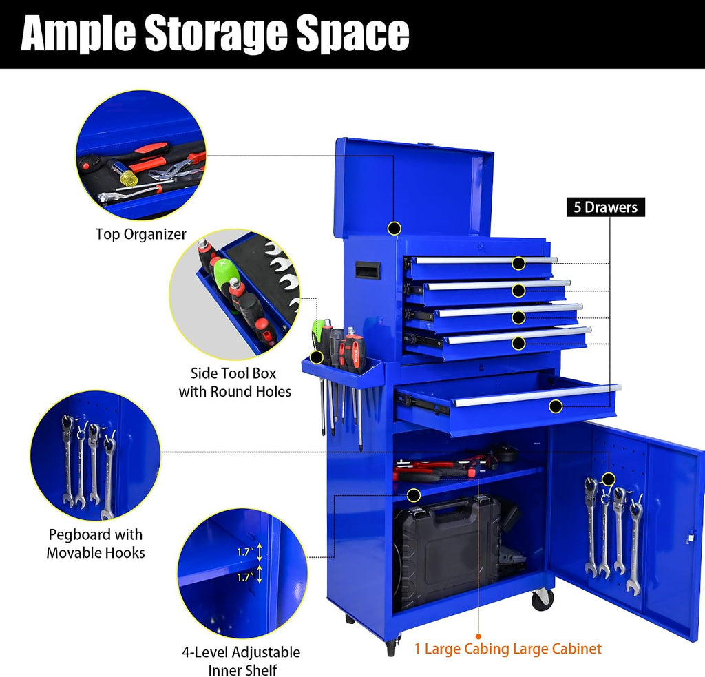 5-Drawer Tool Chest, Rolling Tool Box with Detachable Top Toolbox & Universal Wheels, Tool Cabinet with Lock Bar, Protective Liner & Tool Rack, Metal Storage Cart for Workshop,Garage (Blue)