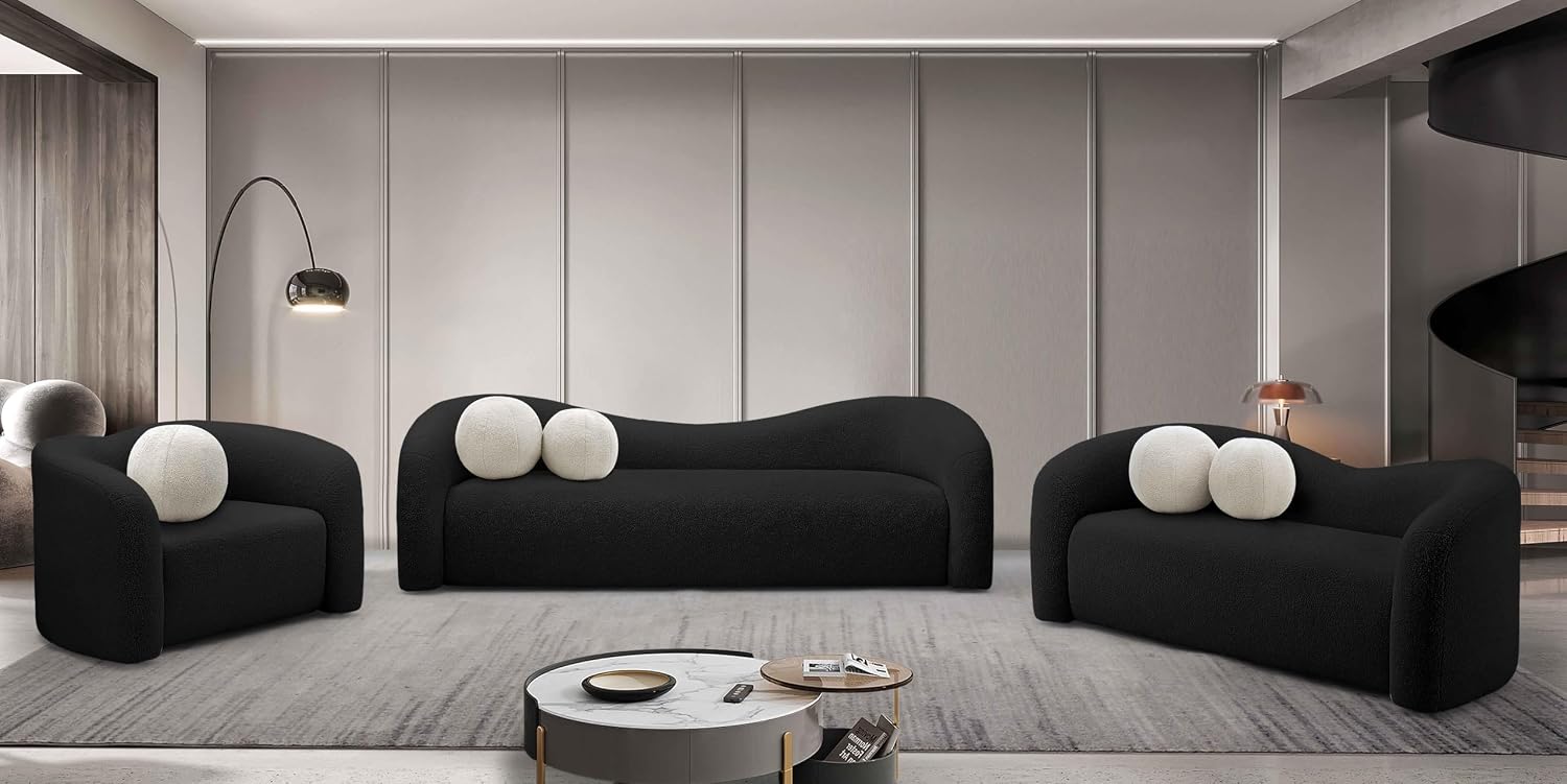 Meridian Furniture 186Black-S Kali Collection Modern | Contemporary Sofa with Soft Black Faux Shearling Teddy Fabric, Curved Back, 86' W x 33' D x 27' H, Black