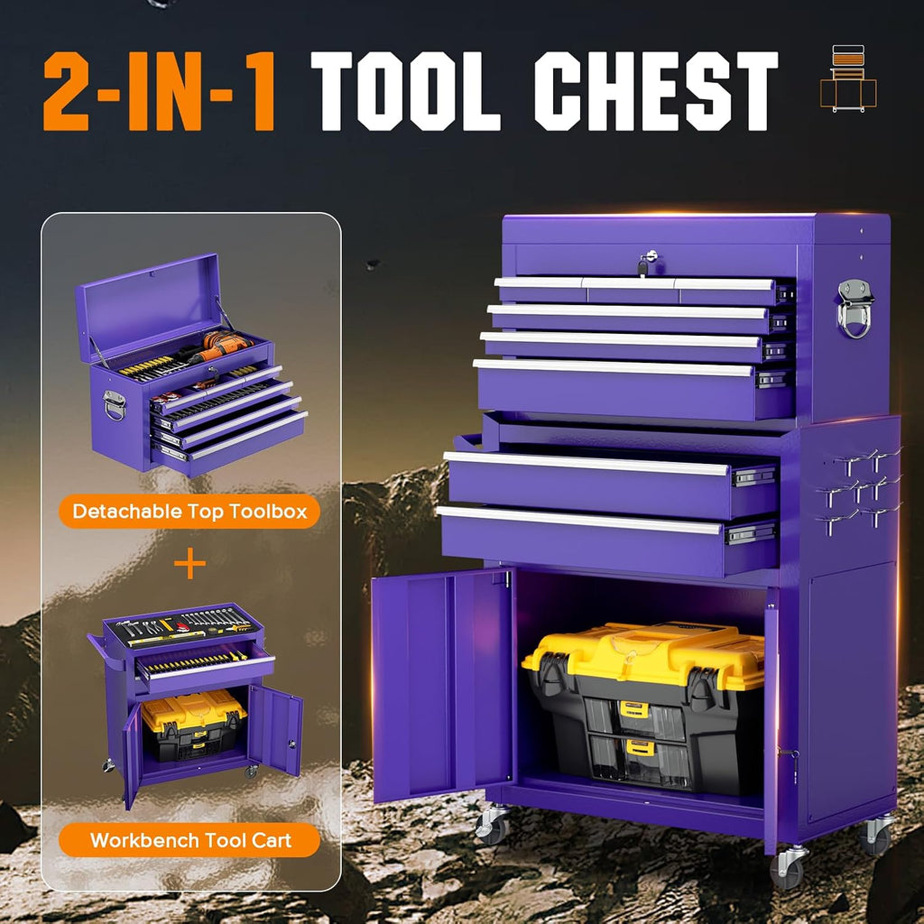 Oakcloud Lockable 8-Drawer Rolling Tool Chest & Cabinet Combo with Black Liner – Heavy-Duty Steel Garage Tool Box on Wheels – Detachable Top Toolbox & Bottom Storage Cart with Side Hooks, Purple