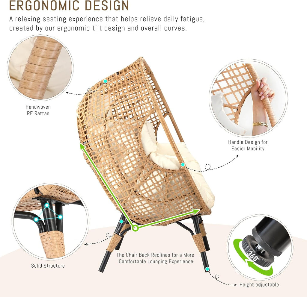 RADIATA Egg Chair with Footrest, Wicker Patio Lounger with Ottoman, Oversized Rattan Egg Shaped Chair with Leg for Indoor Outdoor Patio Balcony Garden (Beige)