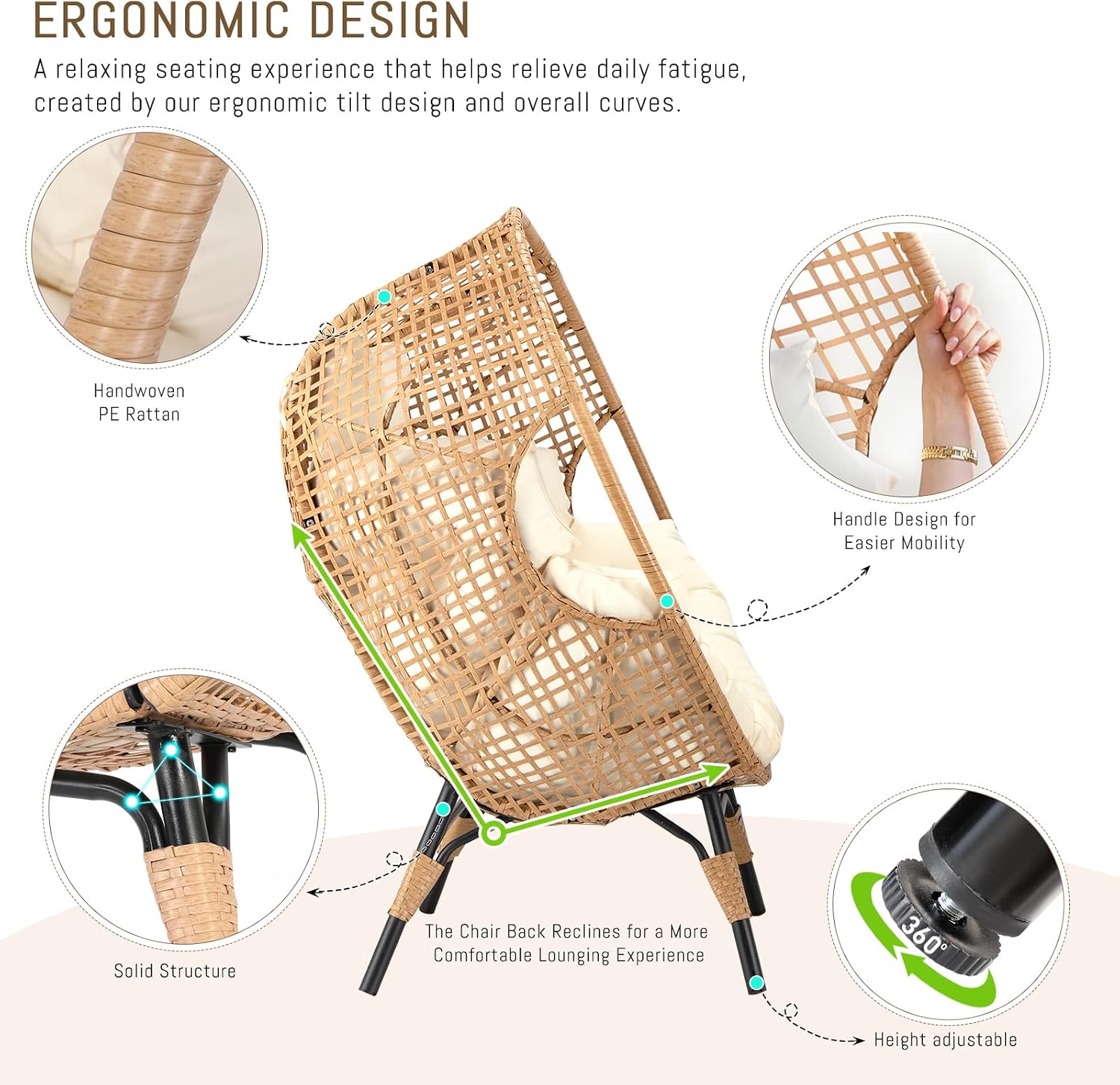 RADIATA Egg Chair with Footrest, Wicker Patio Lounger with Ottoman, Oversized Rattan Egg Shaped Chair with Leg for Indoor Outdoor Patio Balcony Garden (Beige)