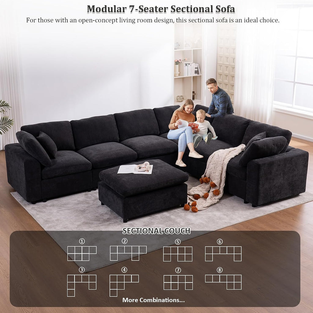 Oversized Modular Sectional Sofa Couch, Large 7 Seater Corner Sofa Modern U Shaped Sectional Couch with Ottoman Cloud Couches for Living Room, Office, Spacious Space, Black