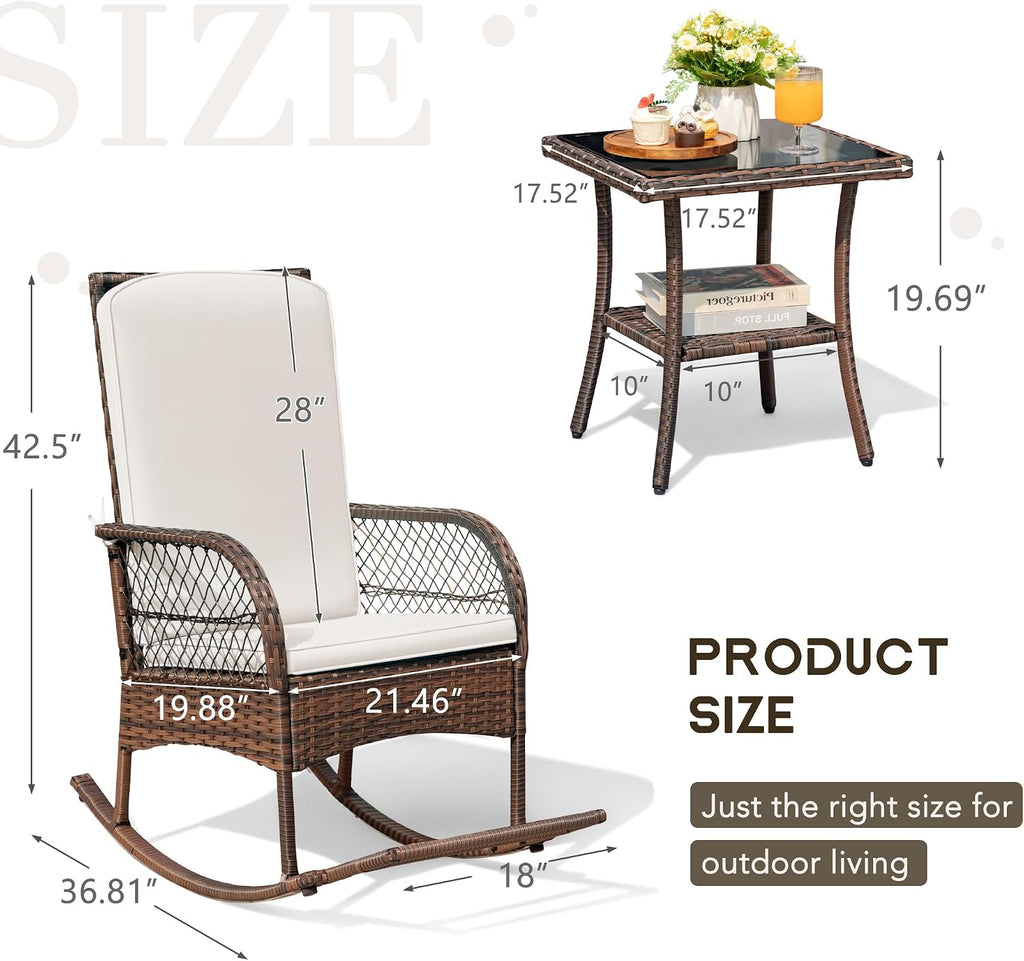 Devoko Outdoor Rocking Chairs 3 Piece Patio Furniture Set with Side Table & Cushions, Wicker Porch Rocker Bistro Set High Back for Balcony, Backyard, Garden (Beige)