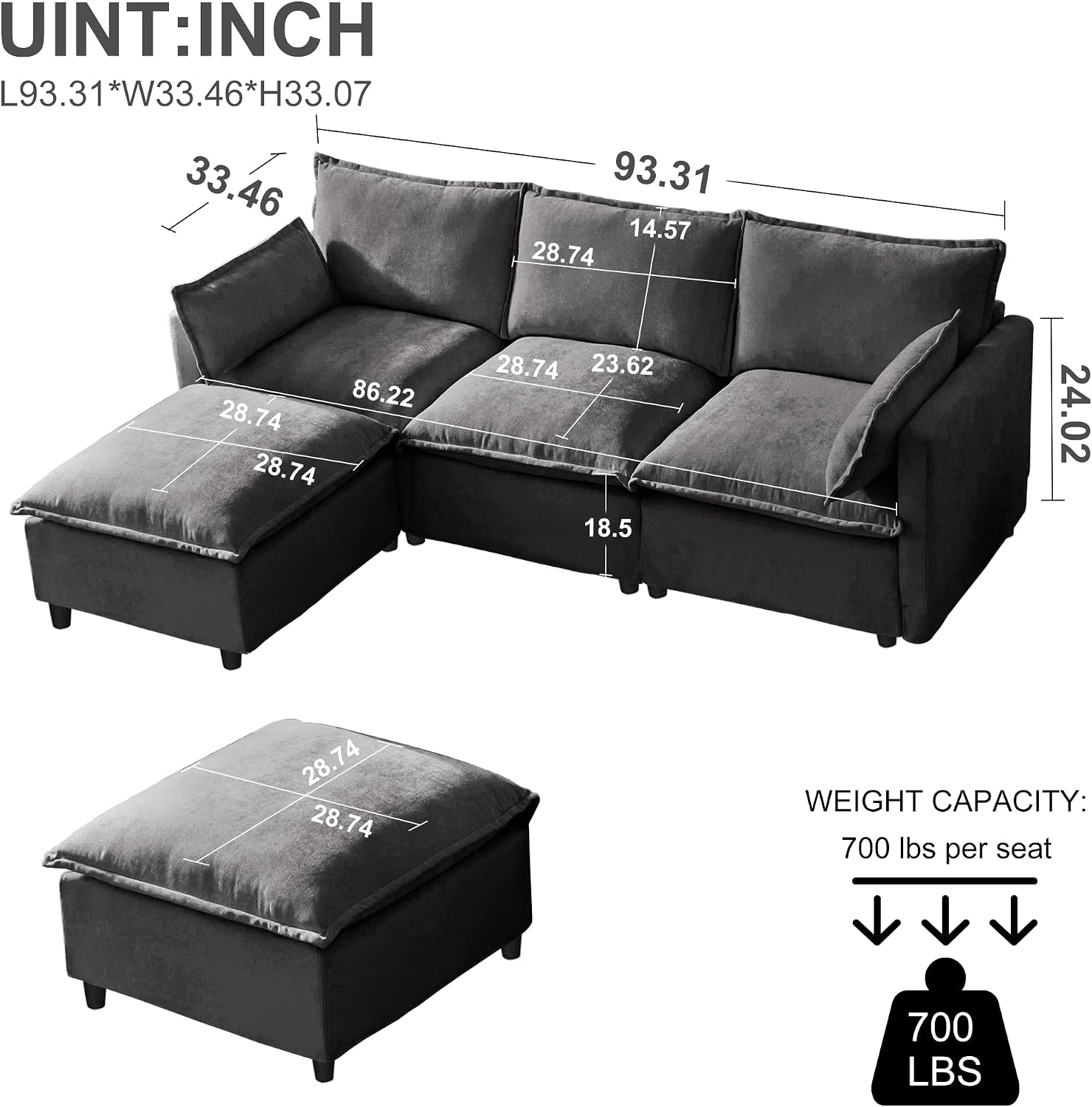 HDX Modular Sectional Sofa, L-Shaped Couch Sofa with 4 Seats and Pillows for Living Room, Modern Minimalist Chenille Fabric Large Comfy Cloud Furniture Sets (Gray) | Chenille Fabric, With Pillows, Cloud Furniture, Modern Minimalist, Living Room