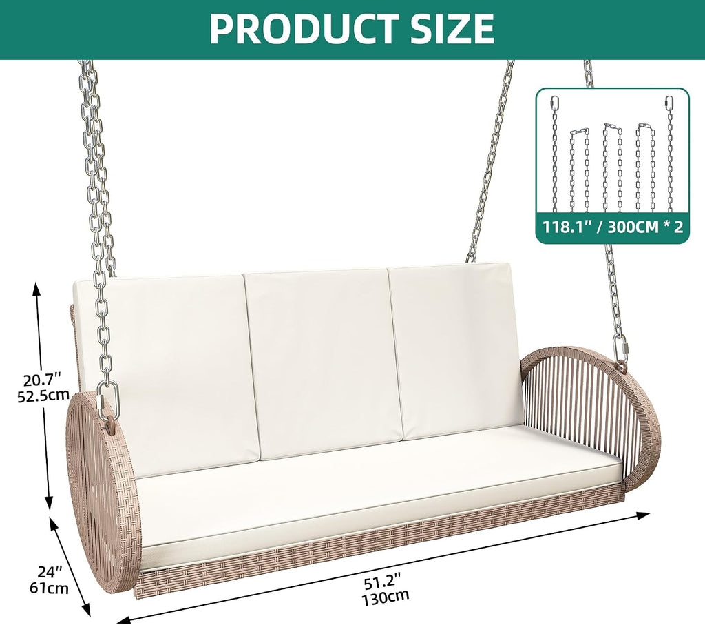 YITAHOME Hanging Porch Swing Chair Sits 3 People, Beige