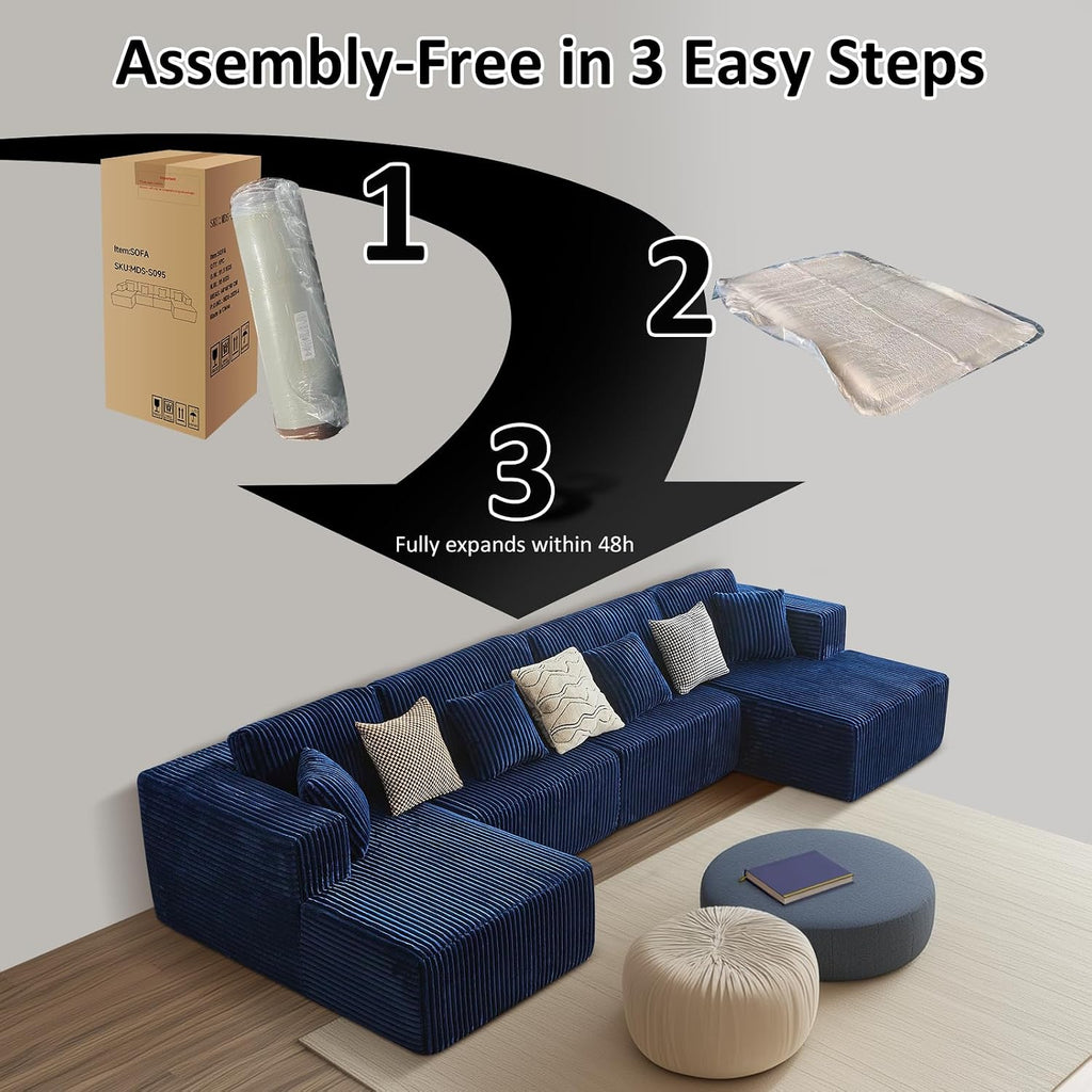 143' Oversized Cloud Boneless Couch with Chaise, Modern Modular Sofa with Deep Seat, Various Combinations Upholstered Couches for Living Room, No Assembly Required, Blue
