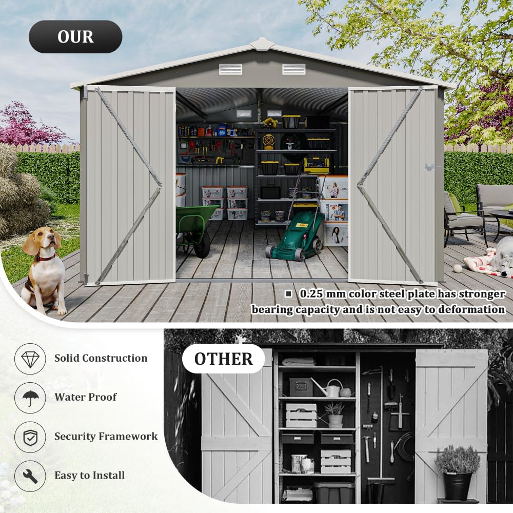 10x14FT Metal Garden Shed - Lockable Outdoor Storage Shed, Heavy-Duty Storage Sheds for Backyard Patio, Sheds & Outdoor Storage (Light Gray)